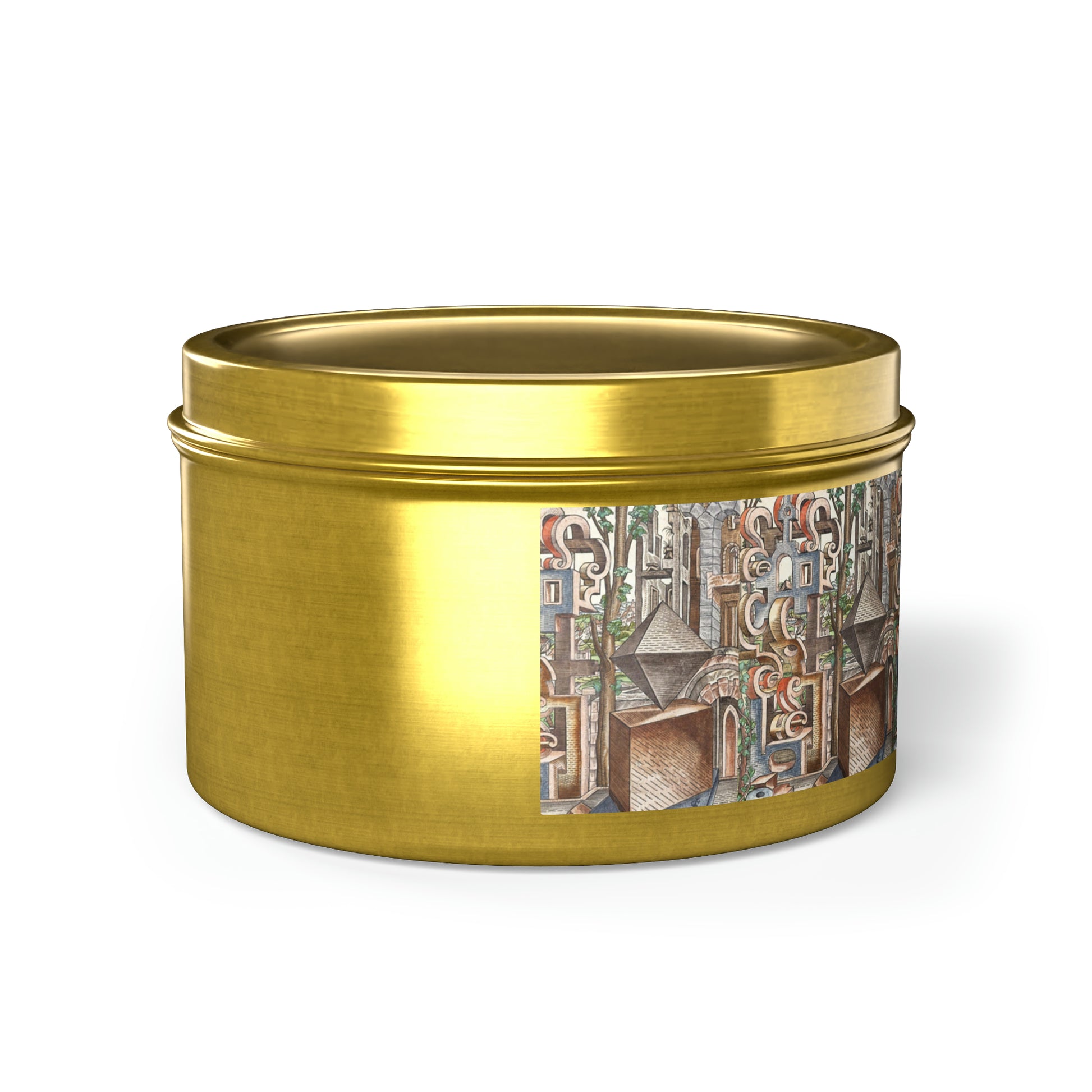 a gold tin with a picture of a city on it