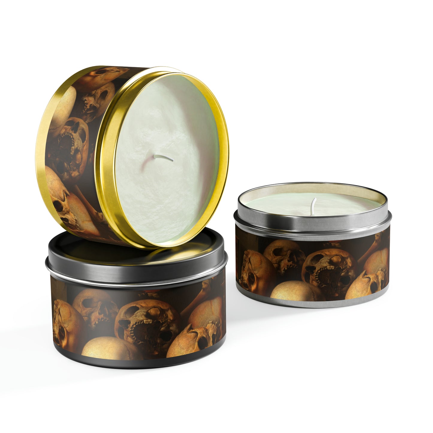 a candle in a tin with a picture of skulls on it