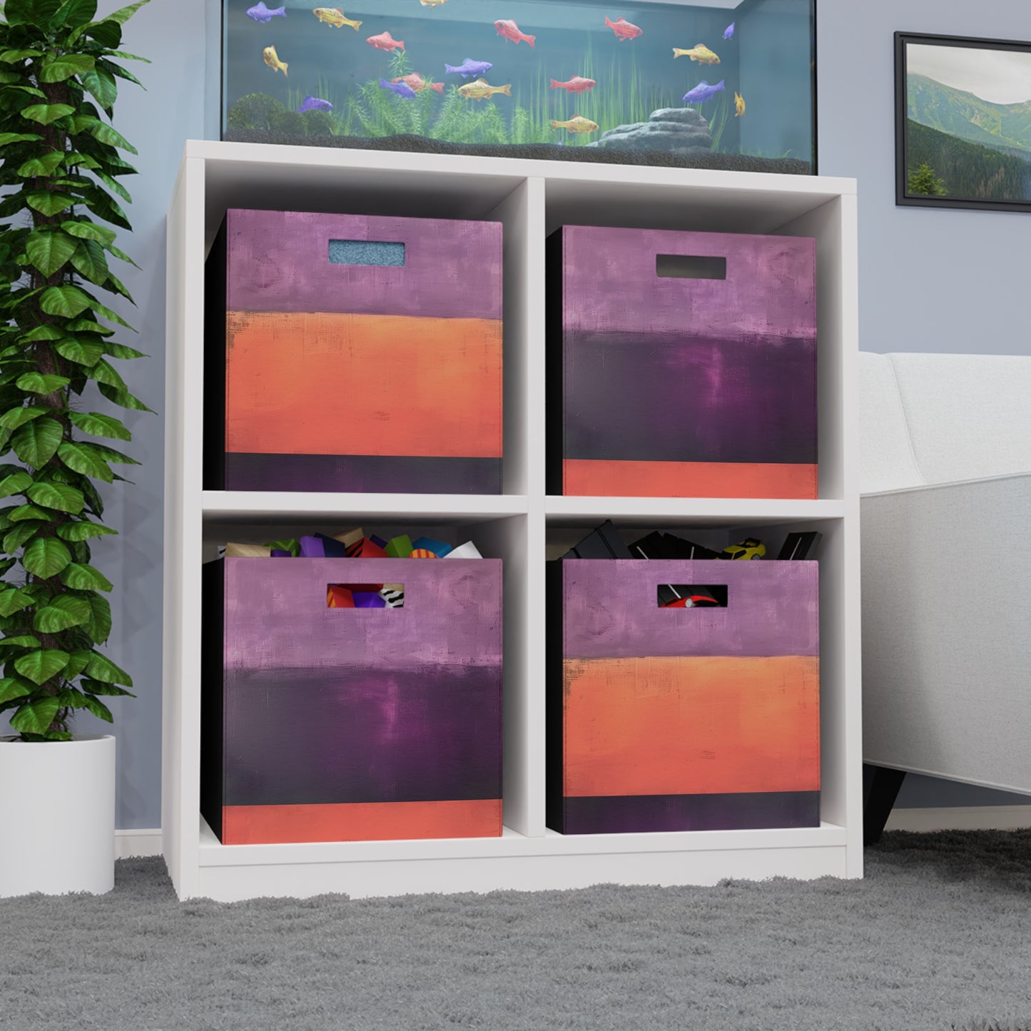 a white shelf filled with colorful bins next to a potted plant