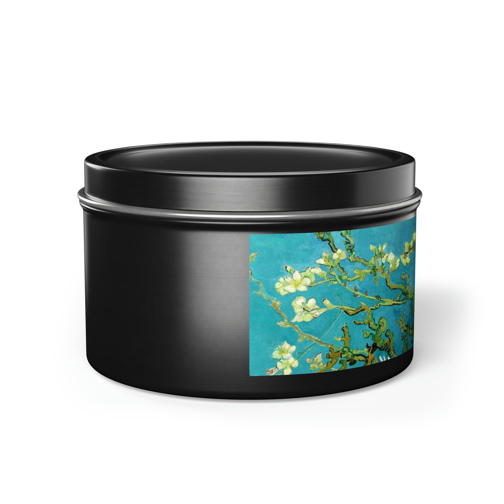 a tin with a picture of a flower on it