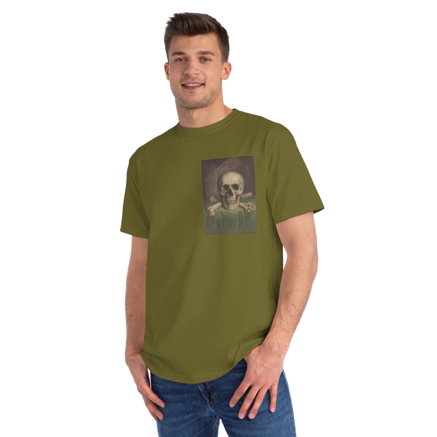 a man wearing a green t - shirt with a skull on it