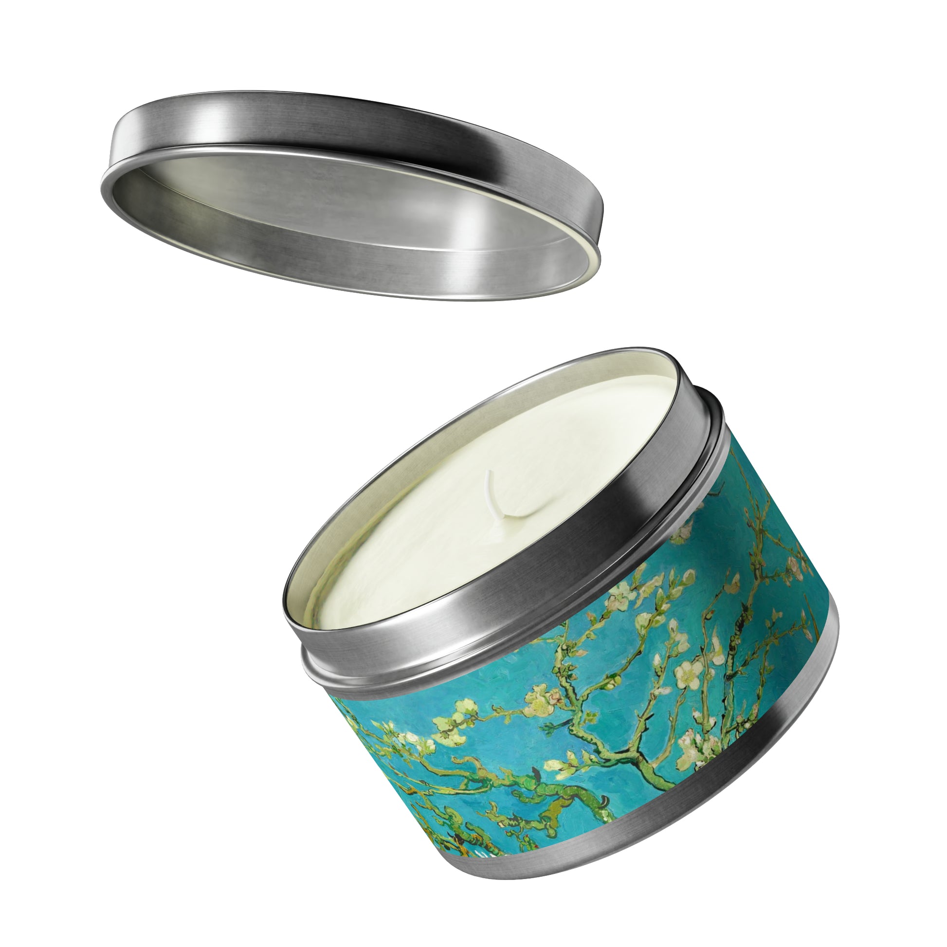 a candle in a tin with a painting on it