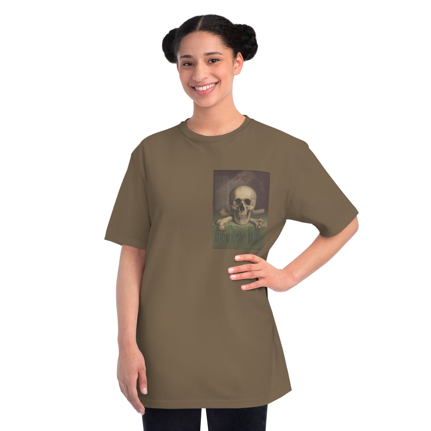 a woman wearing a t - shirt with a picture of a skeleton on it