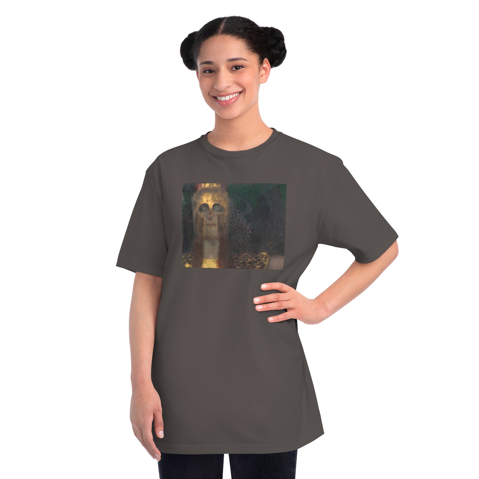 a woman wearing a t - shirt with a picture of a dog on it