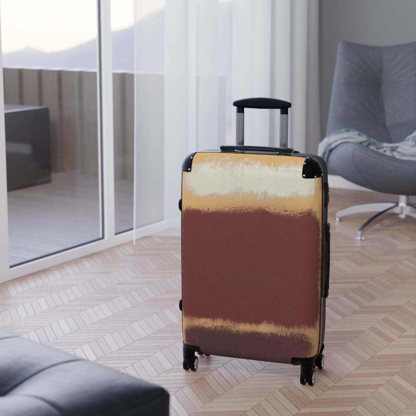 a piece of luggage sitting on top of a hard wood floor