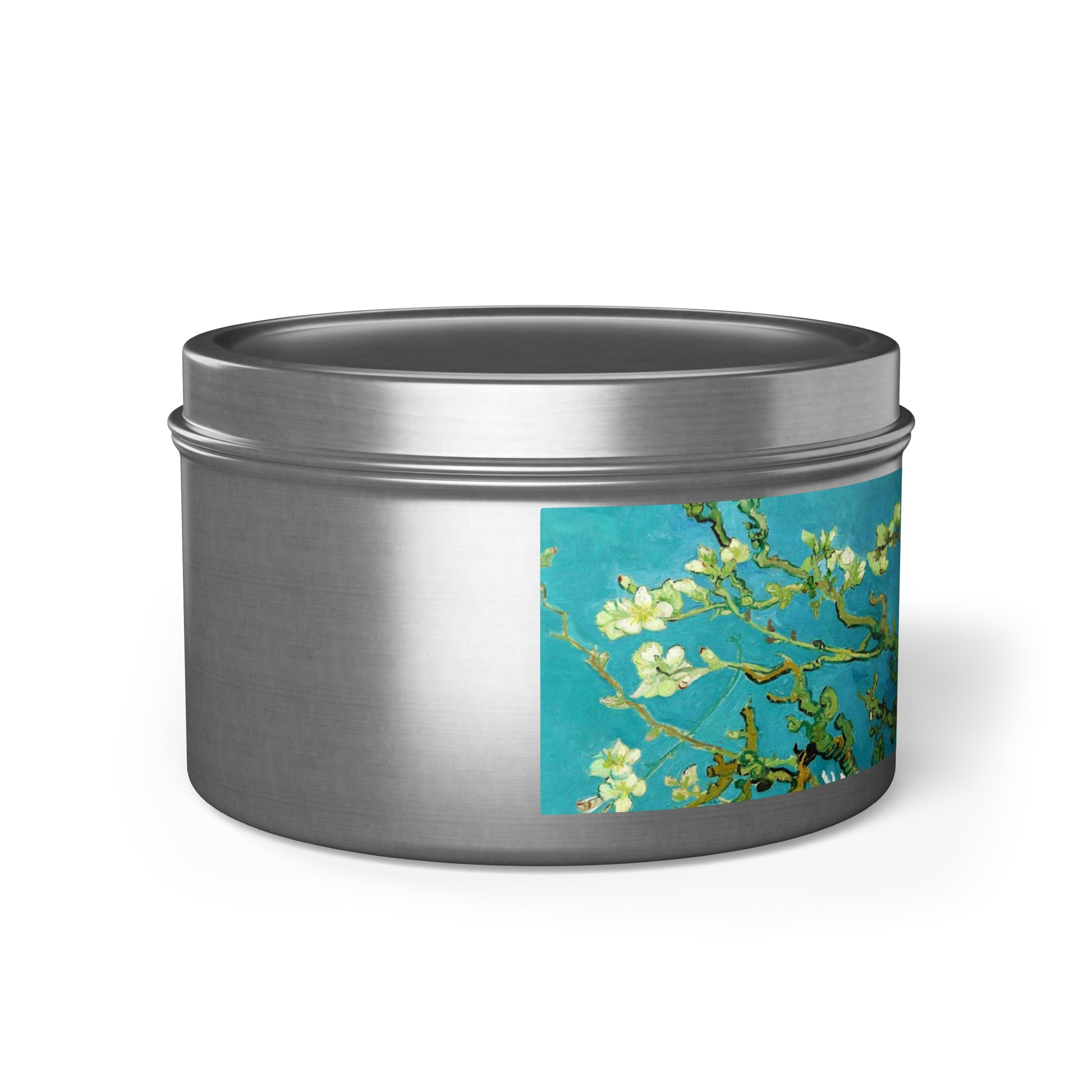a tin with a picture of a flower on it