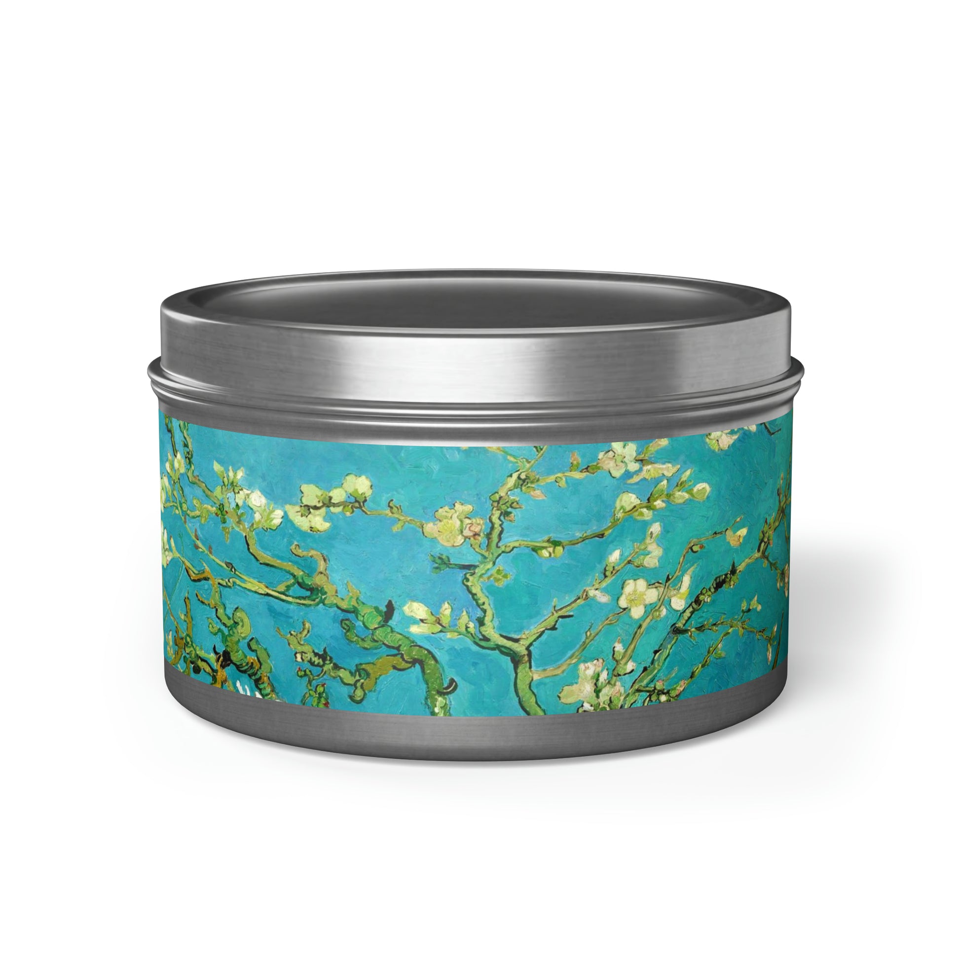 a tin with a painting of a branch of an almond tree