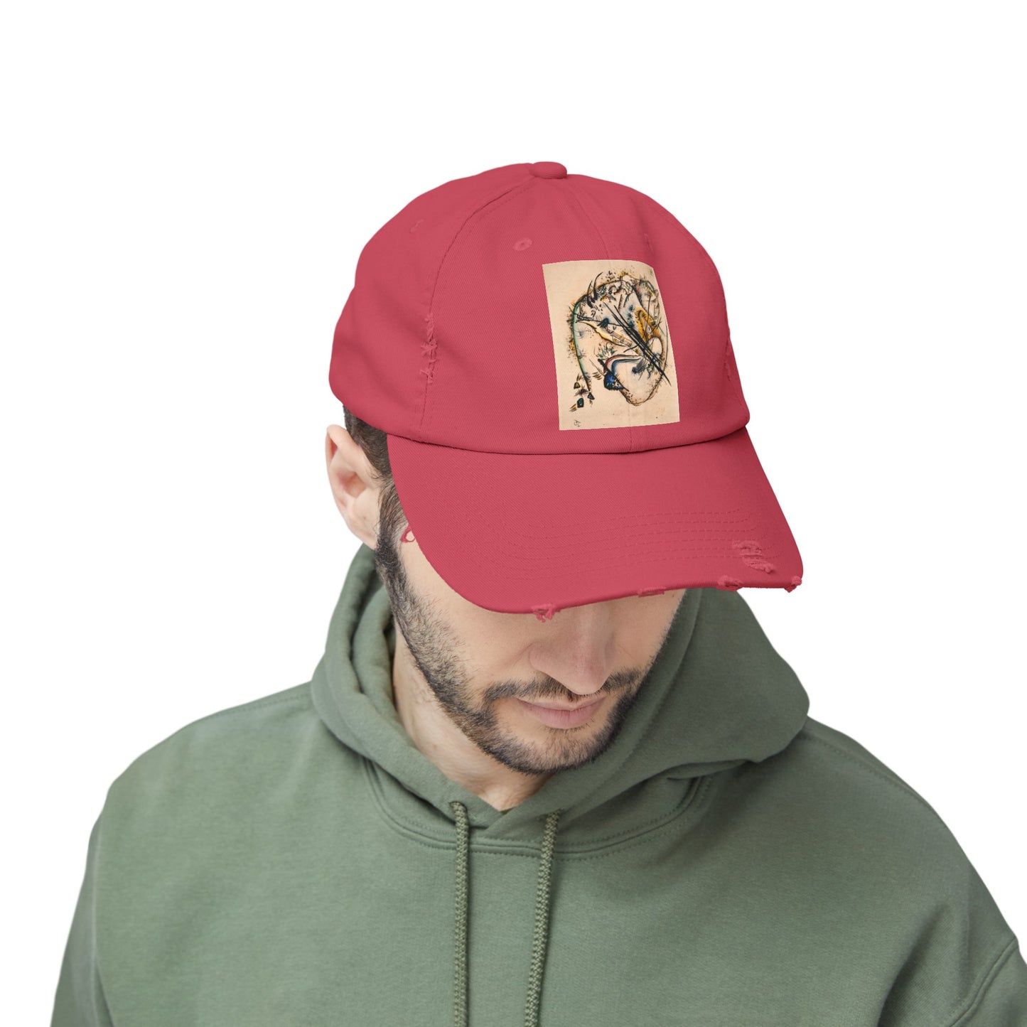 a man wearing a red hat with a picture of a tiger on it