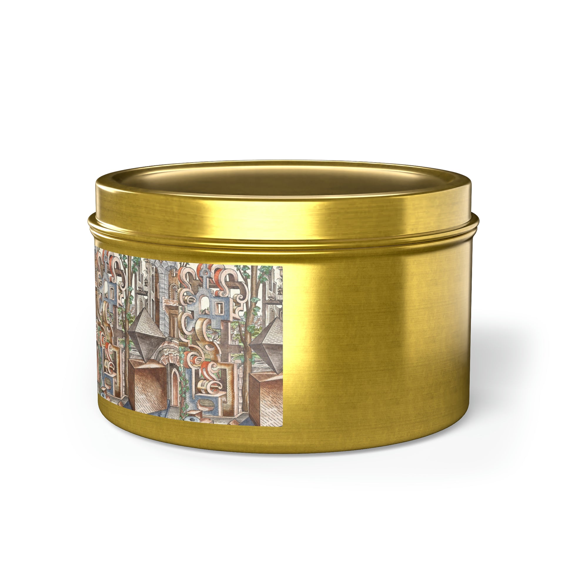 a gold tin with a picture of a city on it