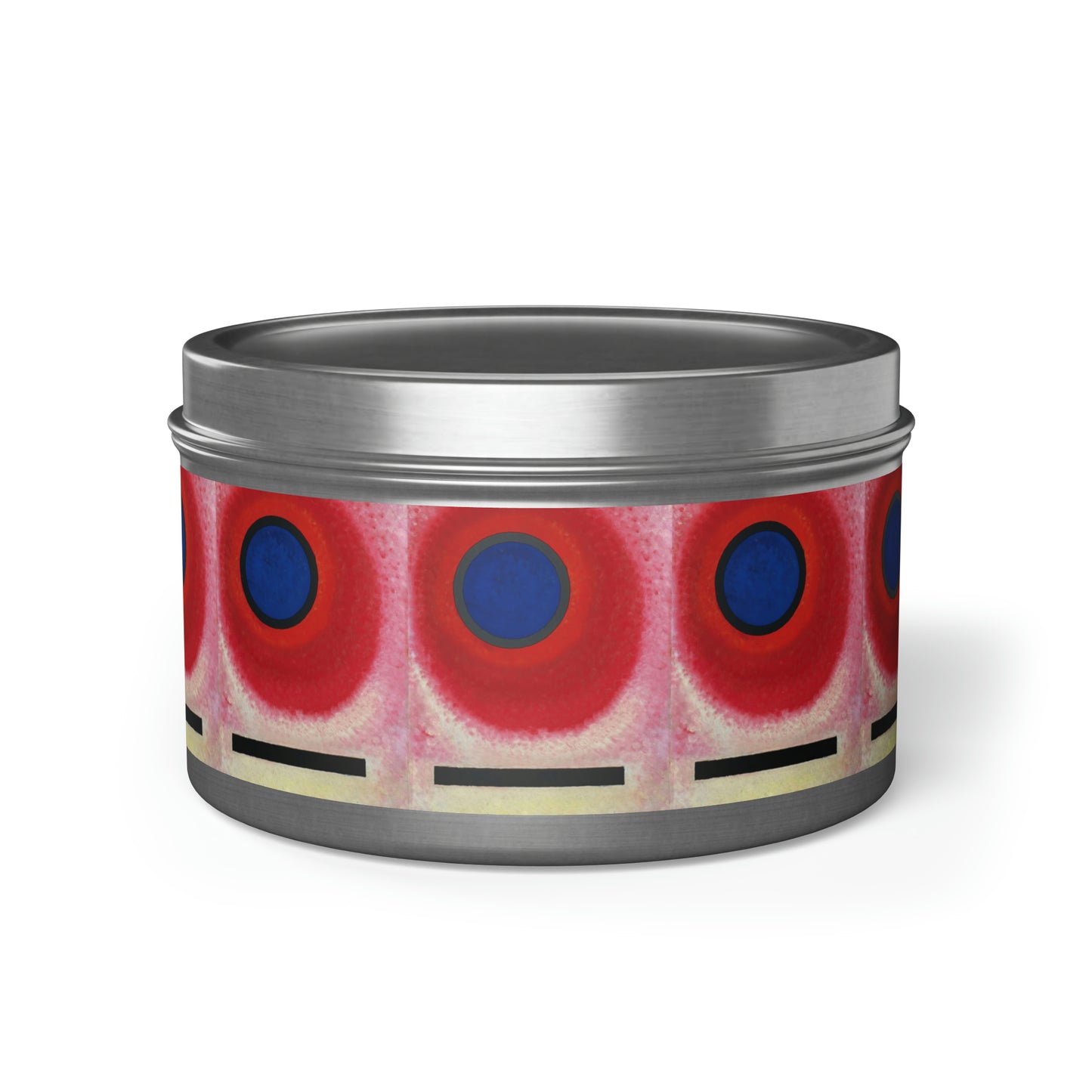 a tin with a red and blue design on it