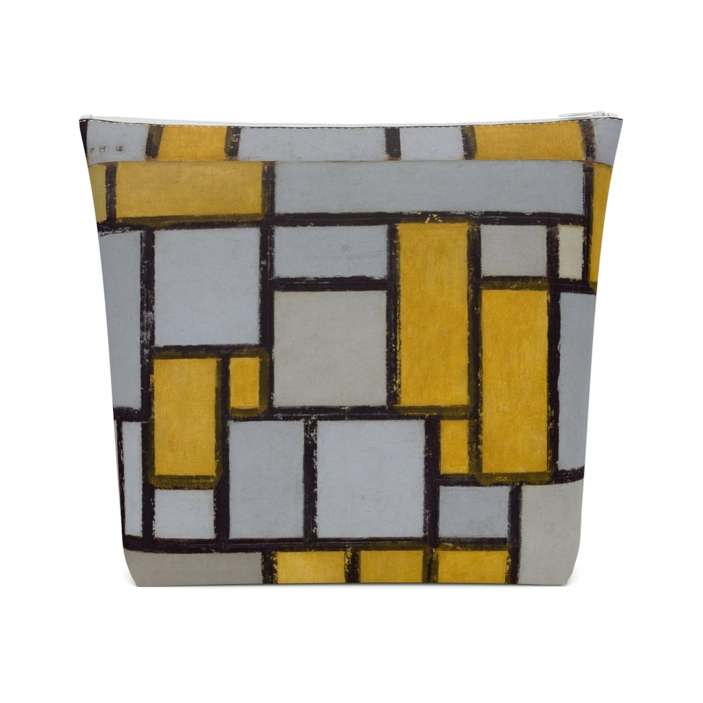 a white and yellow bag with a pattern on it