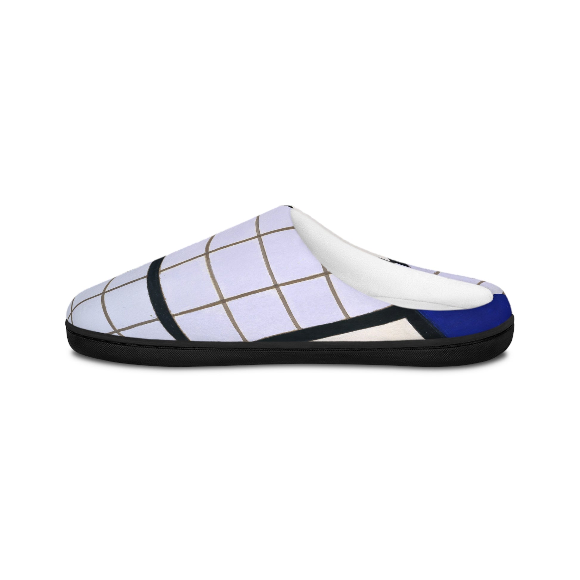 a white and blue slipper with a black bottom