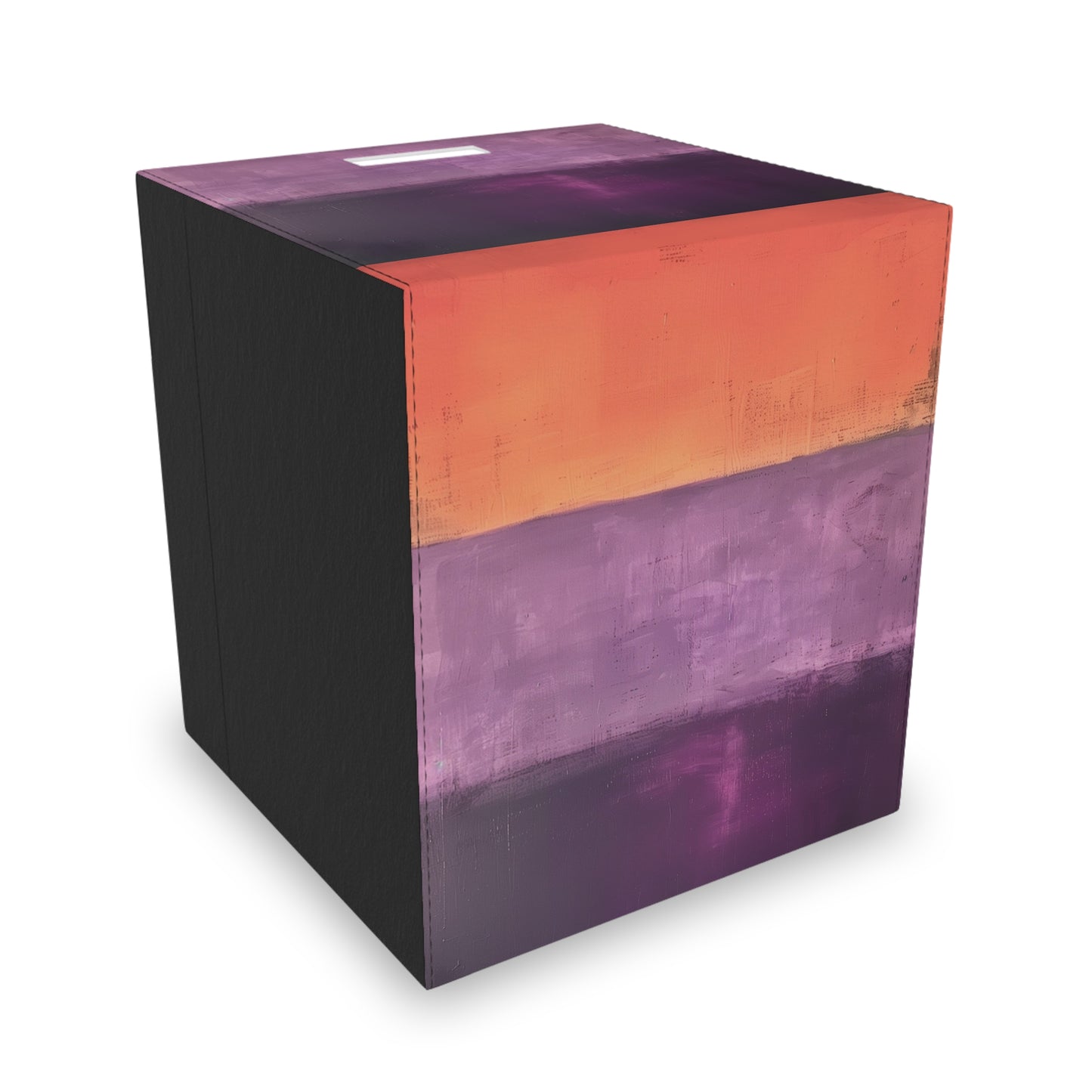 a painting of an orange, purple, and black block