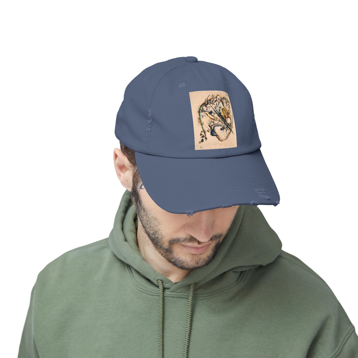 a man wearing a hat with a picture of a tiger on it