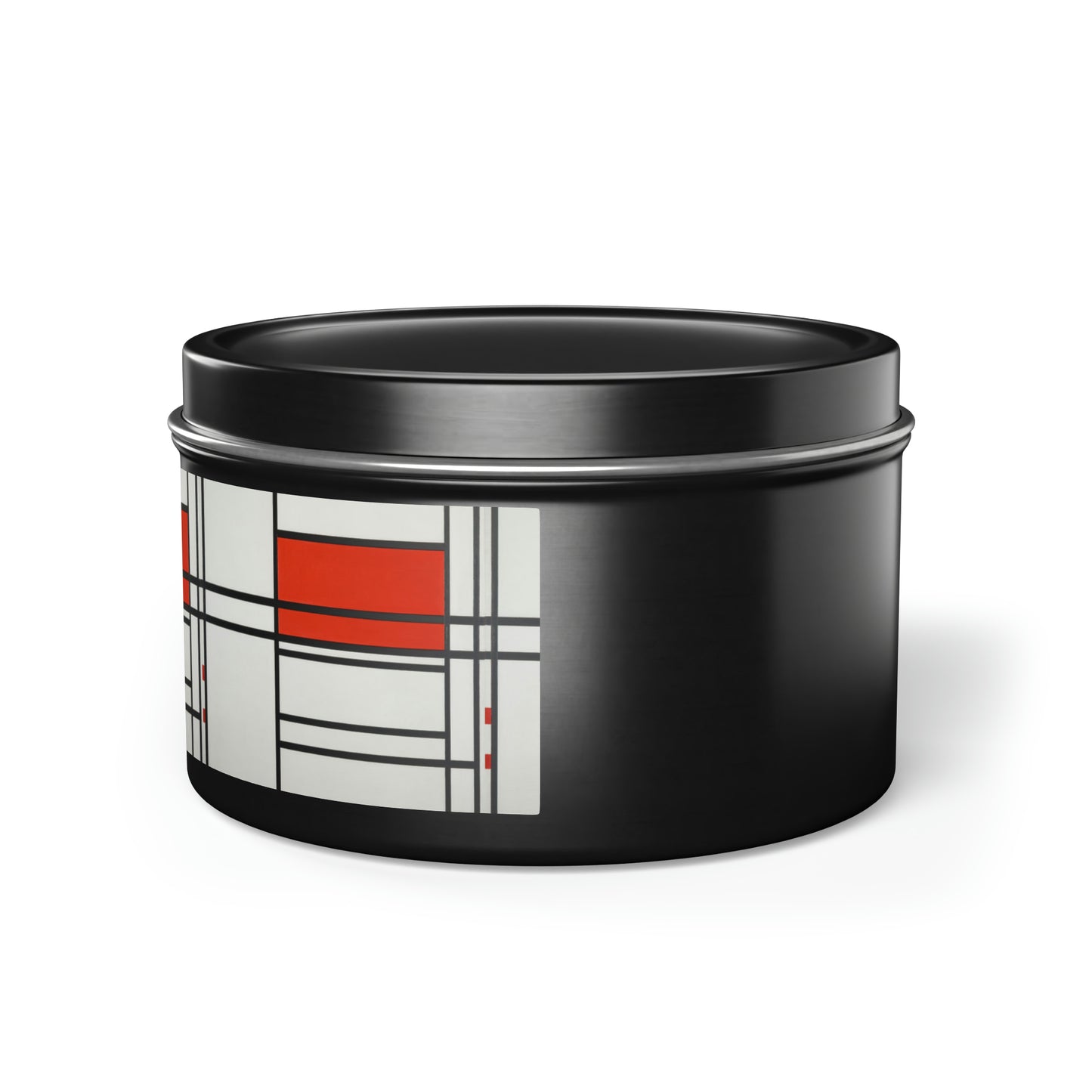 a black container with a red and white design on it