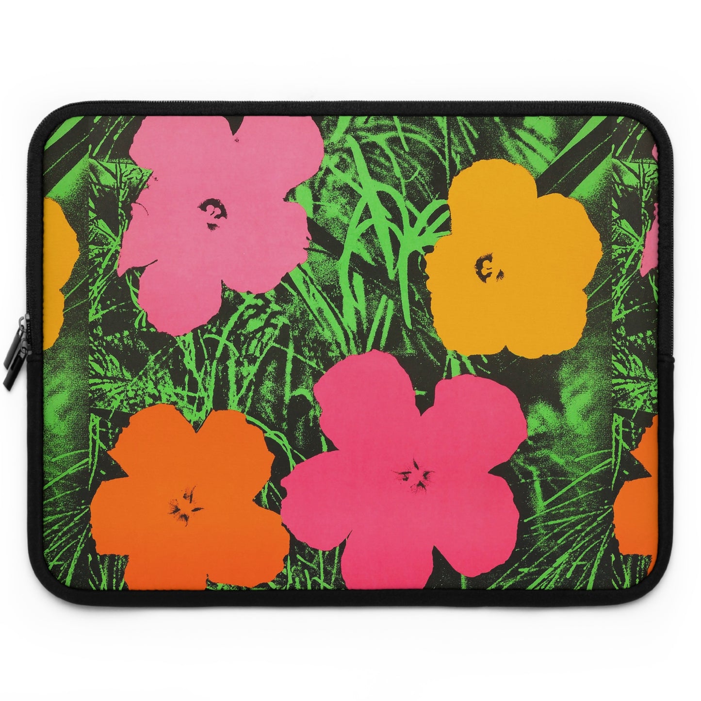 a laptop case with flowers on a green background