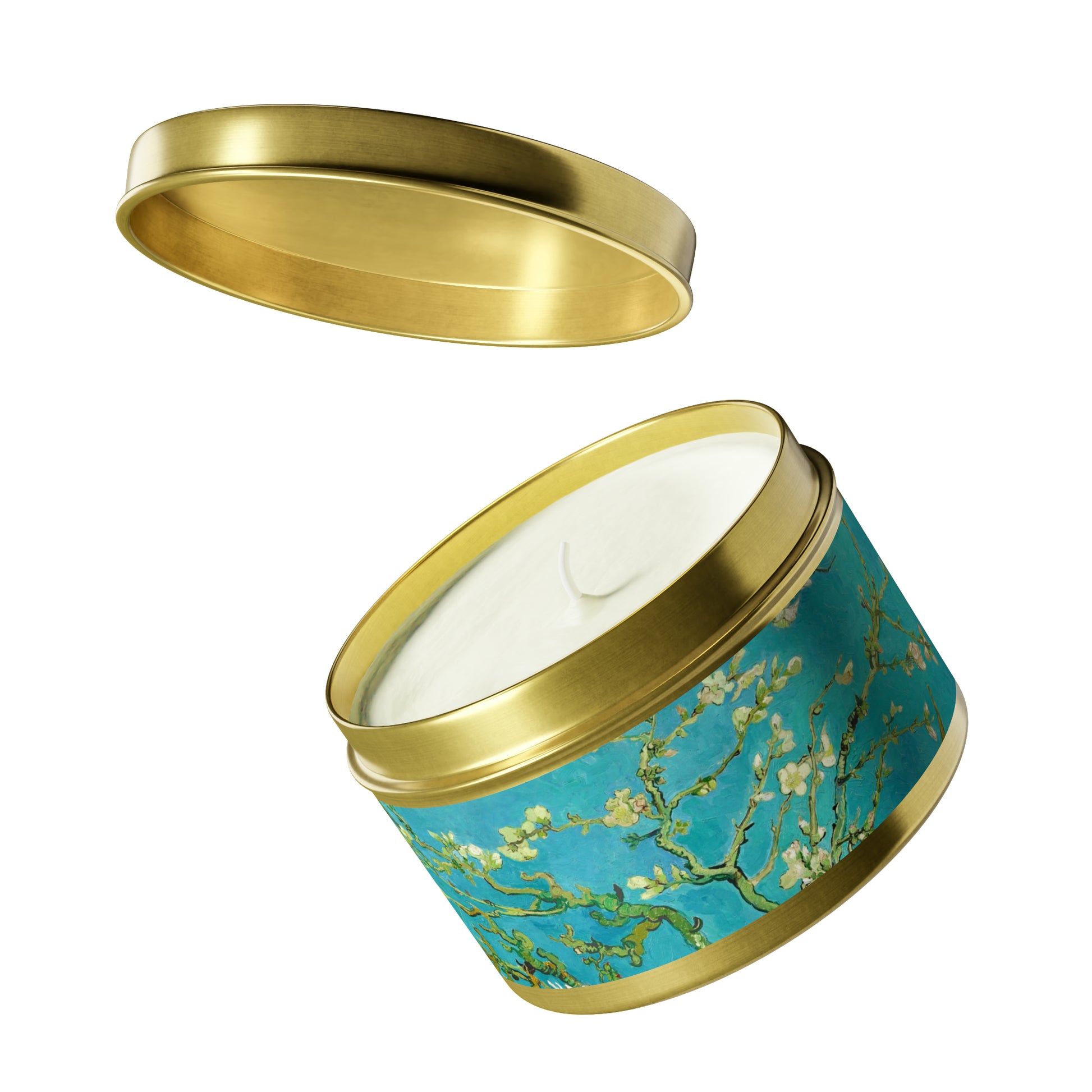 a blue and gold tin candle holder with a white candle inside