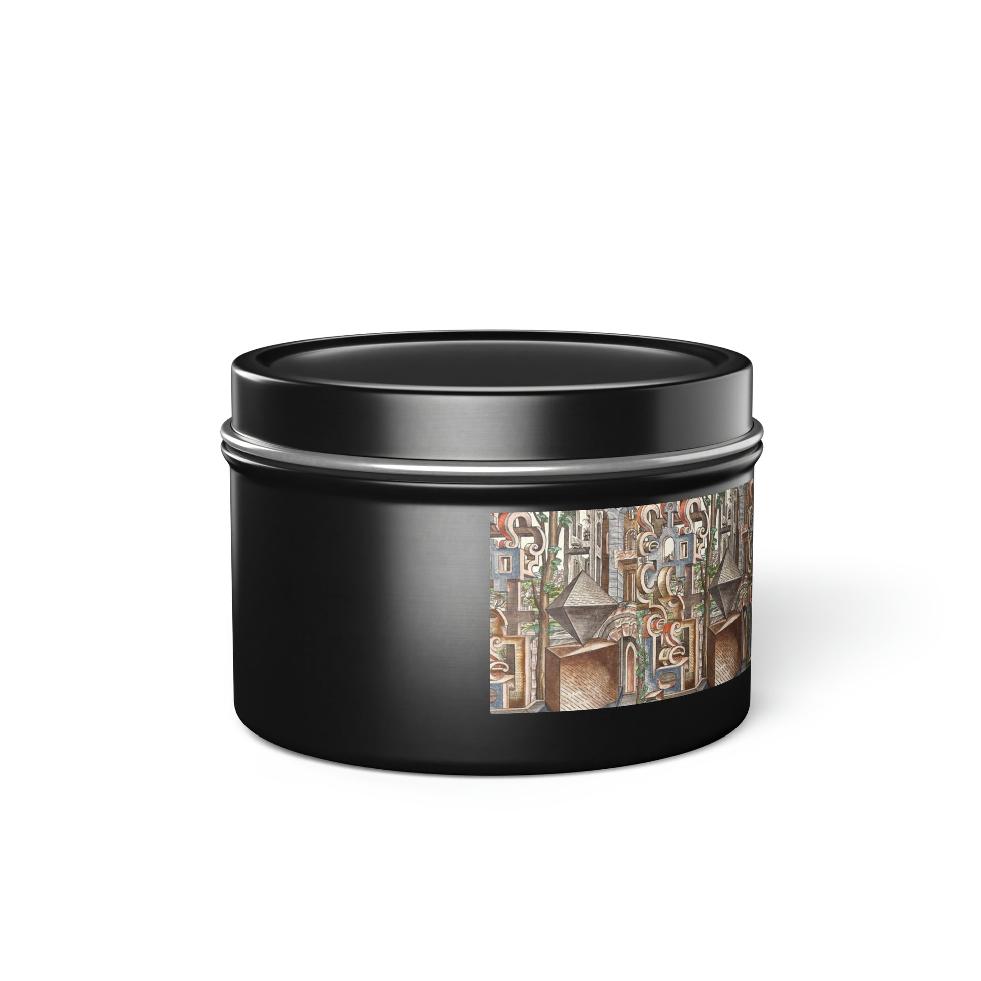 a black tin with a painting on it