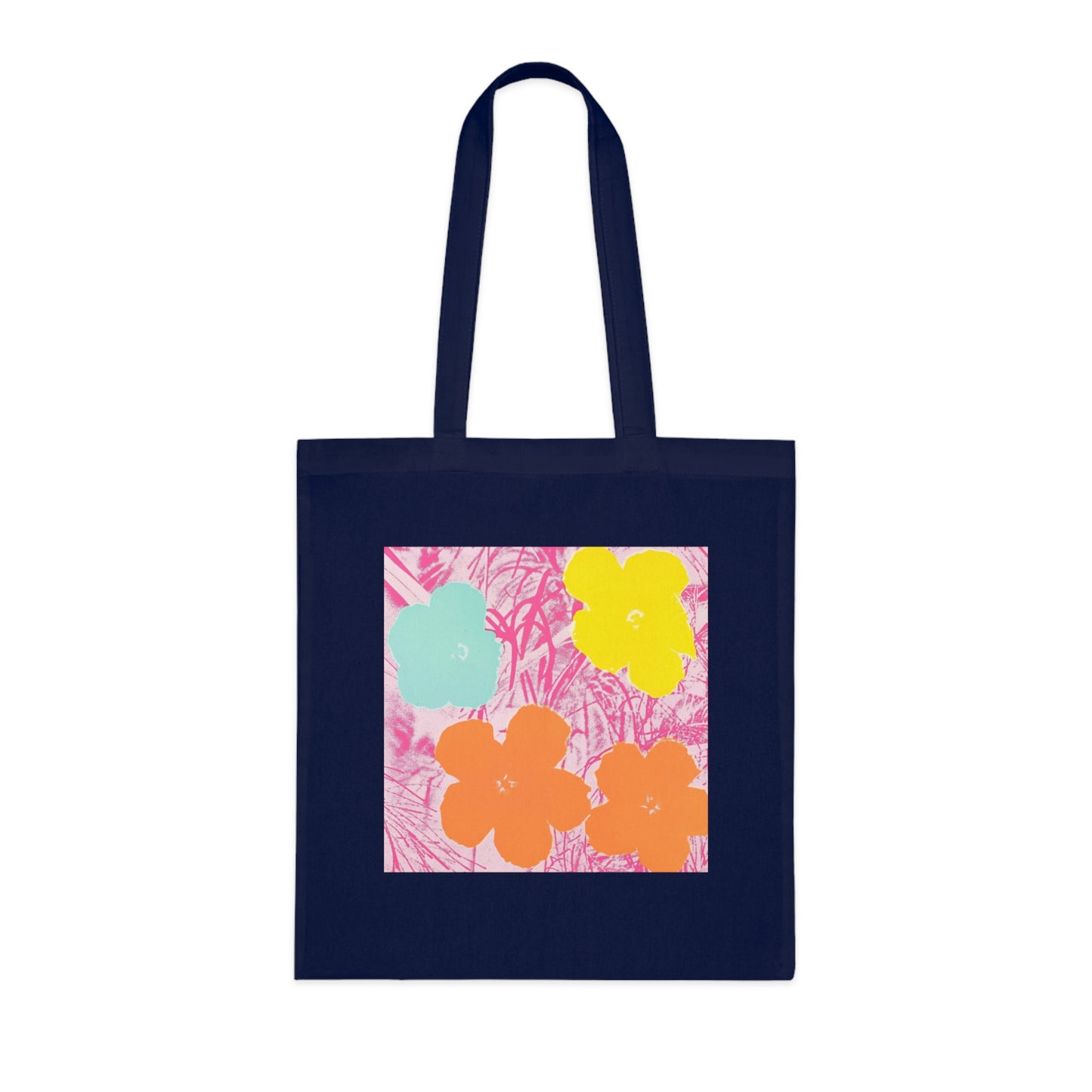 a blue tote bag with flowers on it