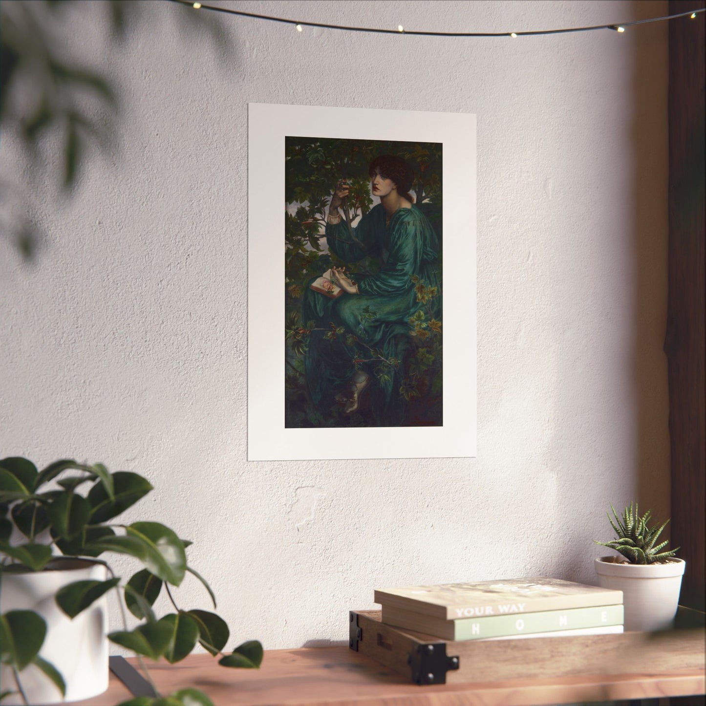 a picture of a woman sitting on a table next to a plant