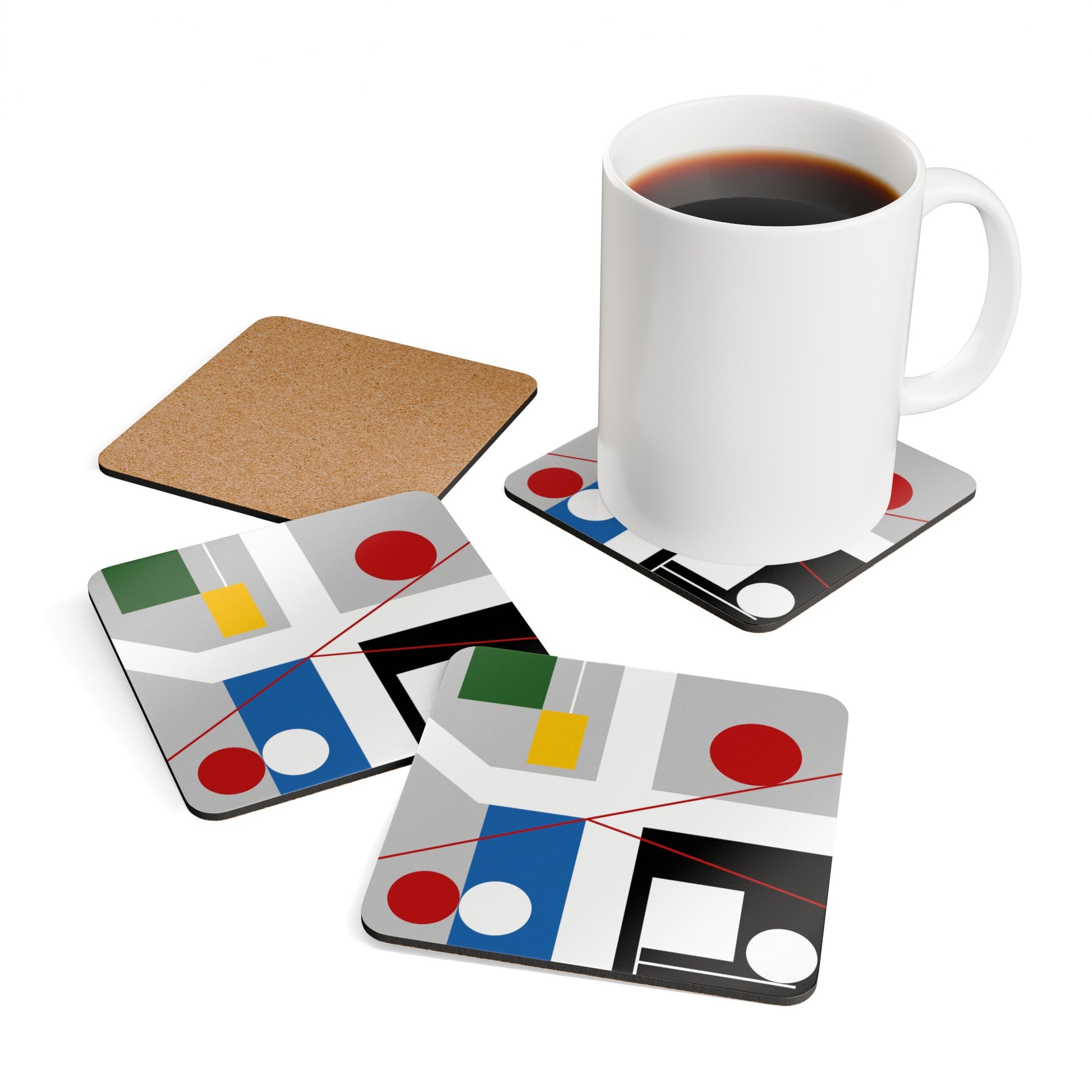 MYRIAM THYES - FOUR SPACES WITH RED ROLLING CIRCLES - CORKWOOD COASTER SET