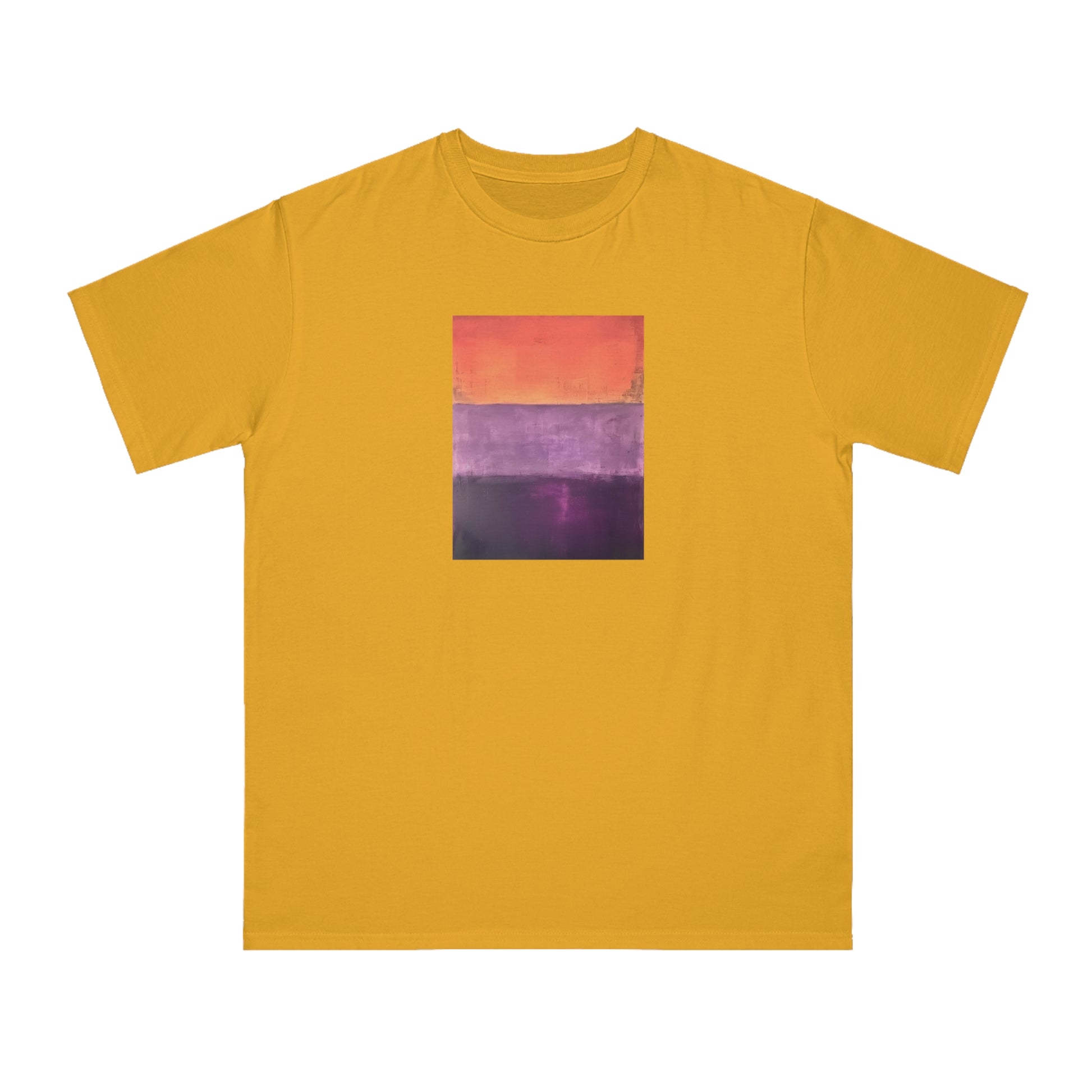 a yellow t - shirt with a picture of a sunset