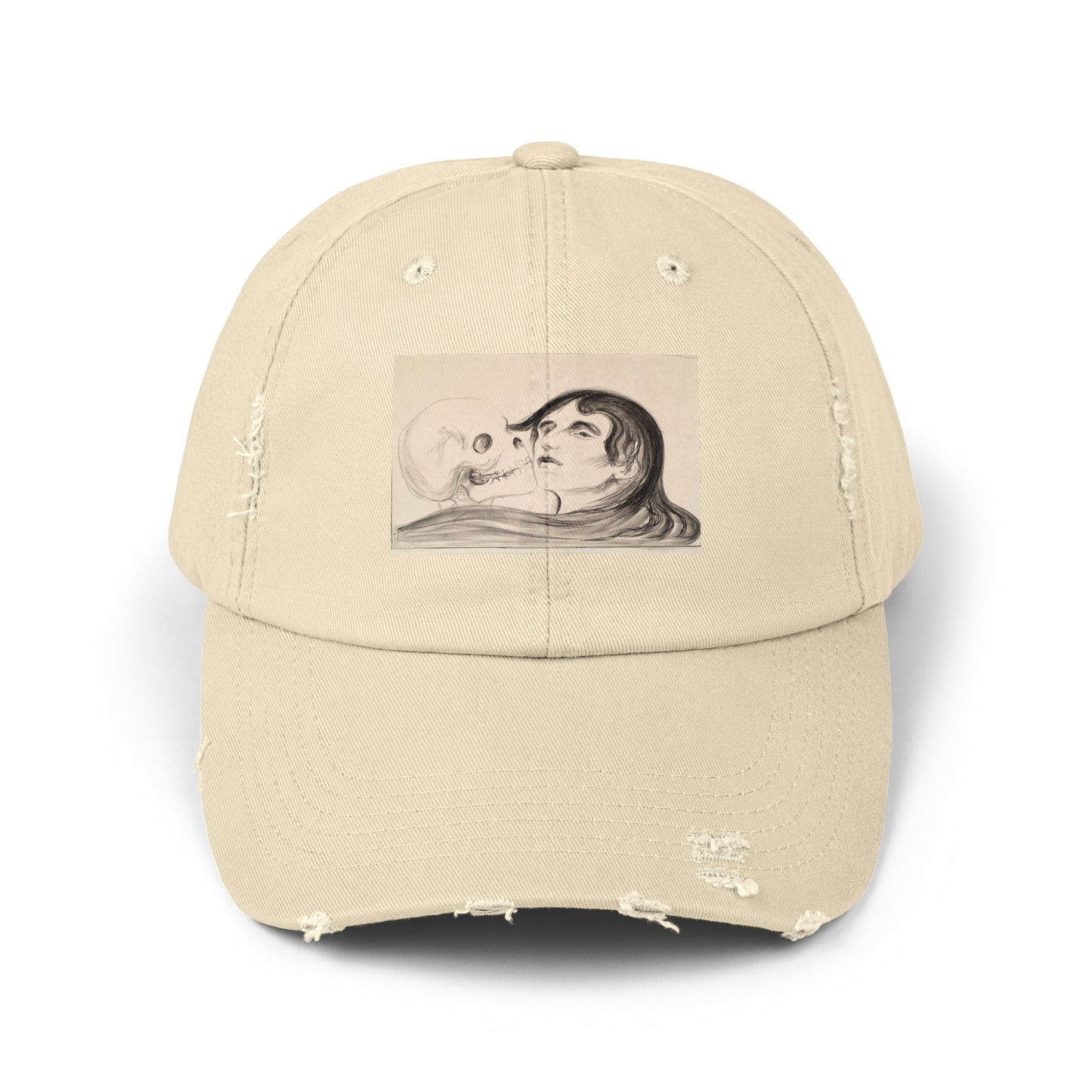 a baseball cap with a drawing of a woman's face on it