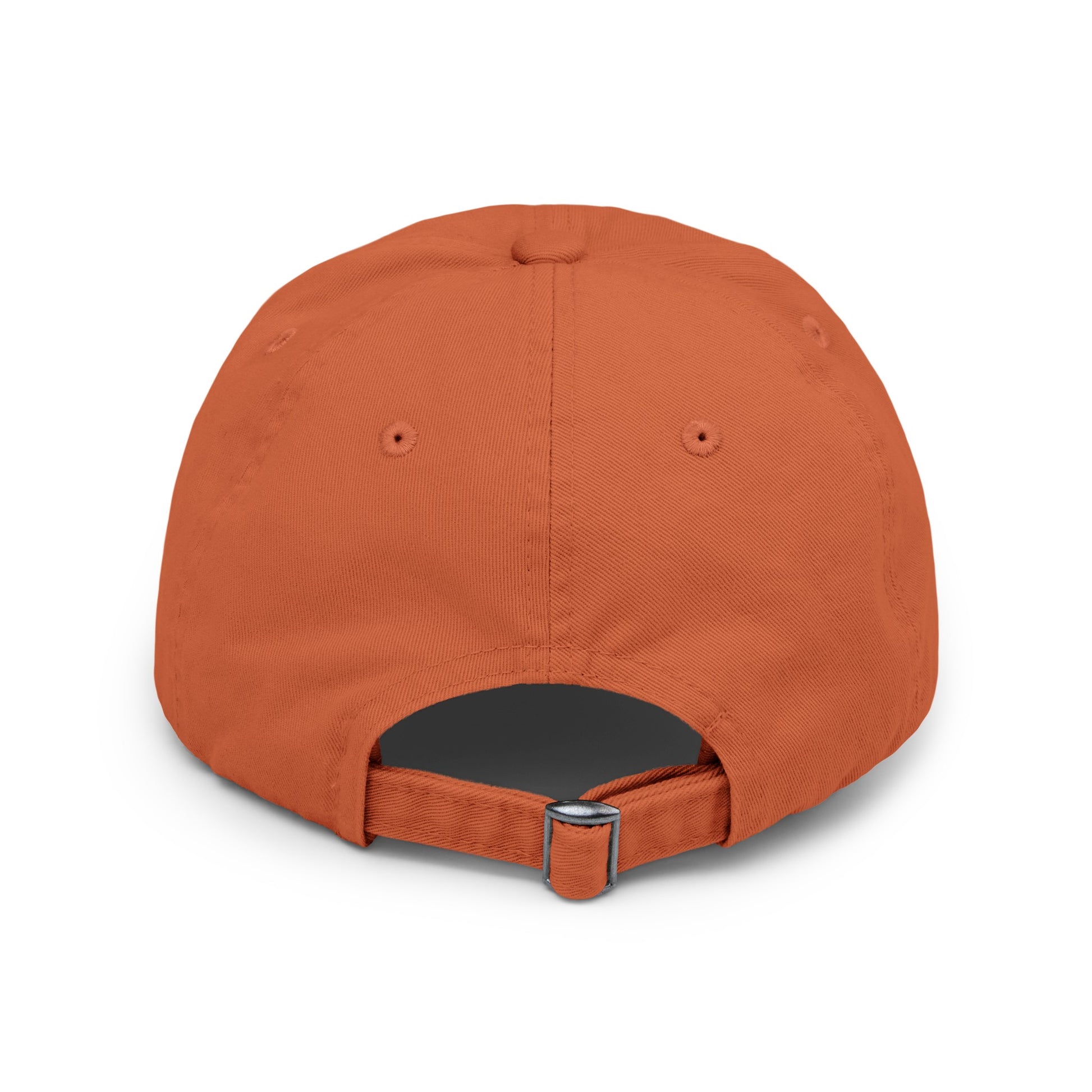 an orange hat with a metal buckle on it
