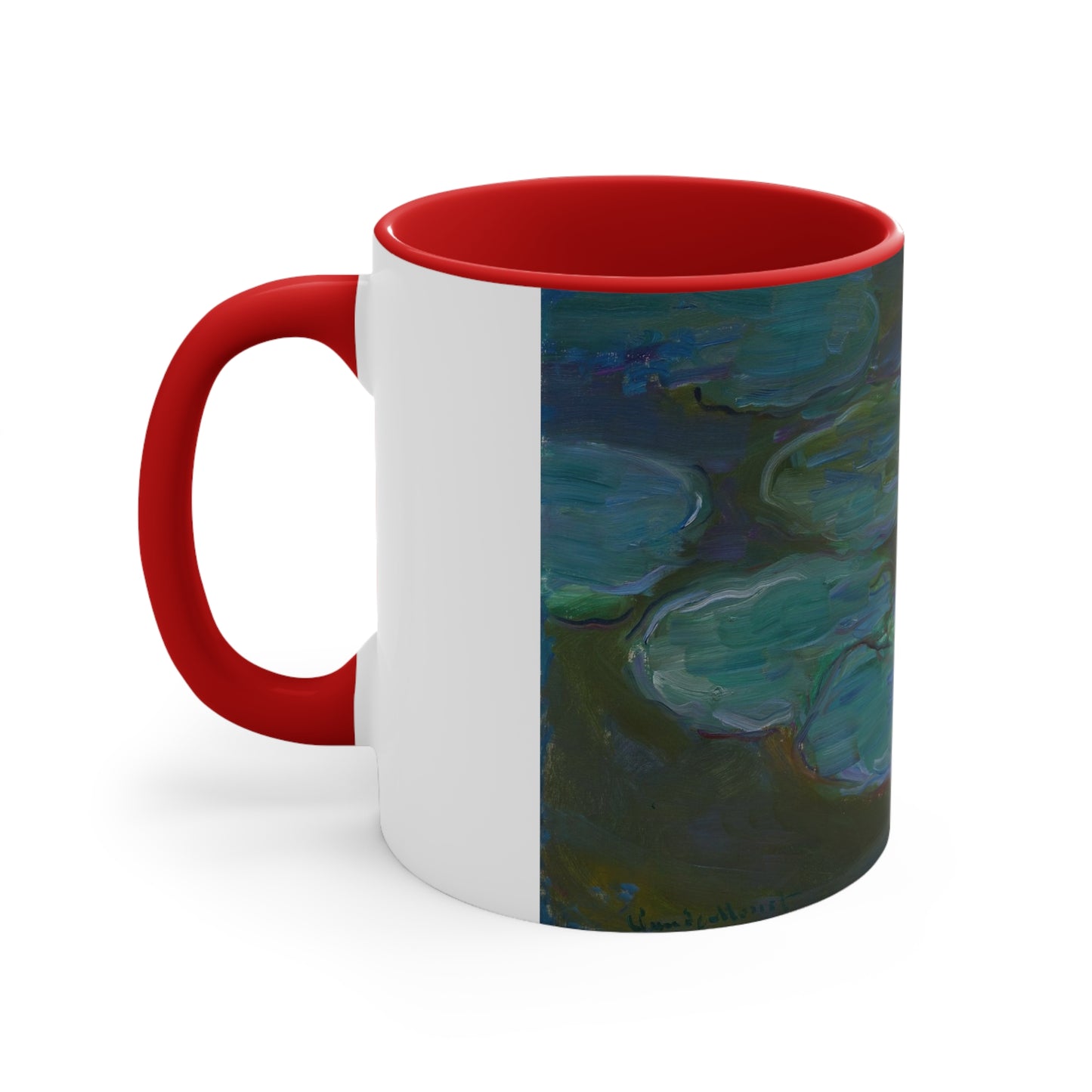 a red and white coffee mug with a painting on it