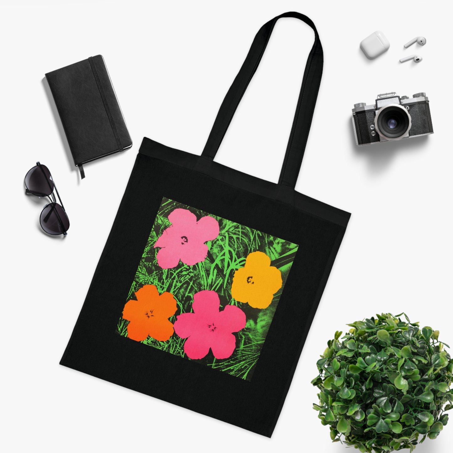 a tote bag with a picture of flowers on it