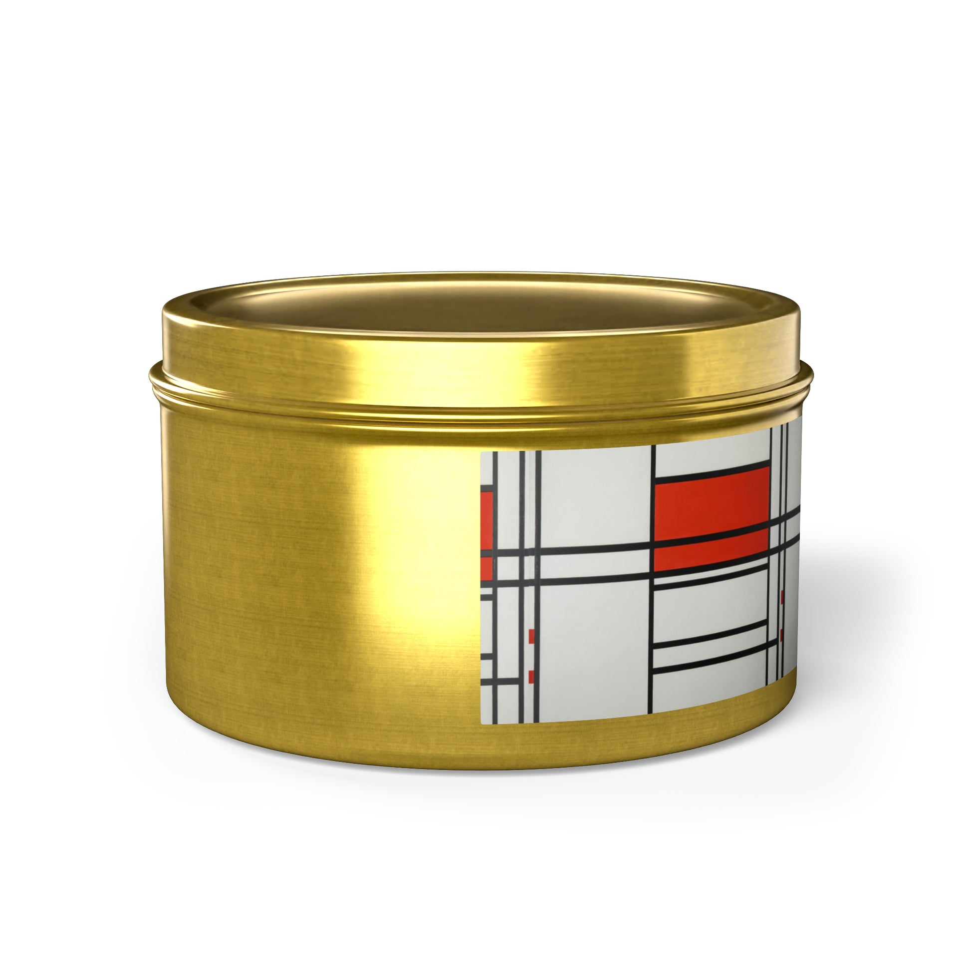 a gold tin with a white and red design on it