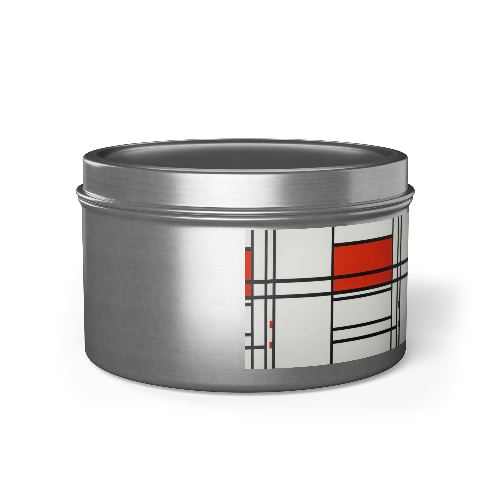 a tin with a red and white design on it