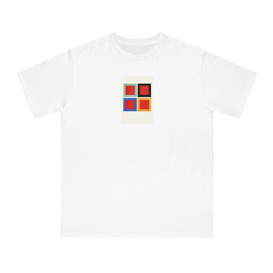 a white t - shirt with a red, yellow, and blue square design