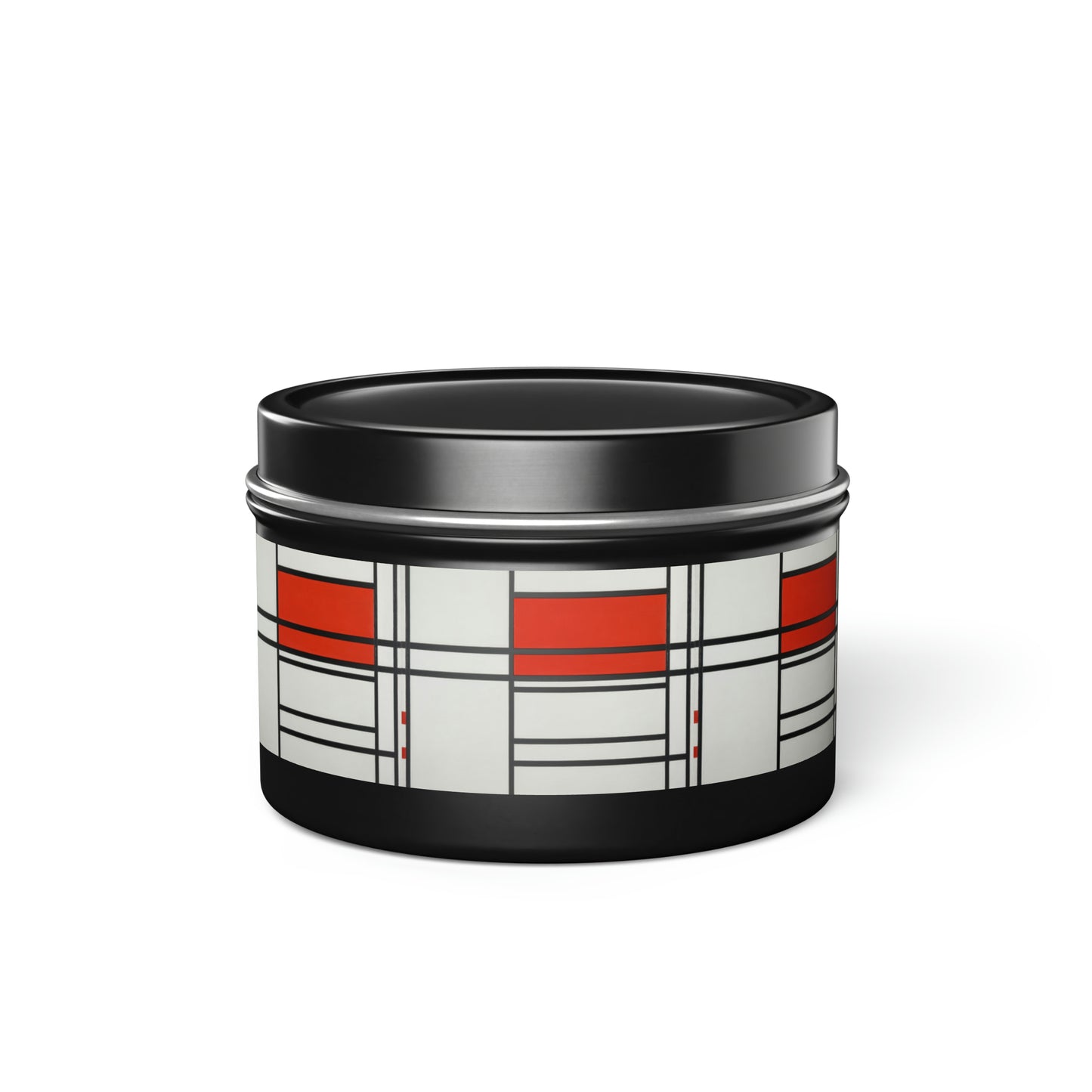 a black and white container with a red and white pattern