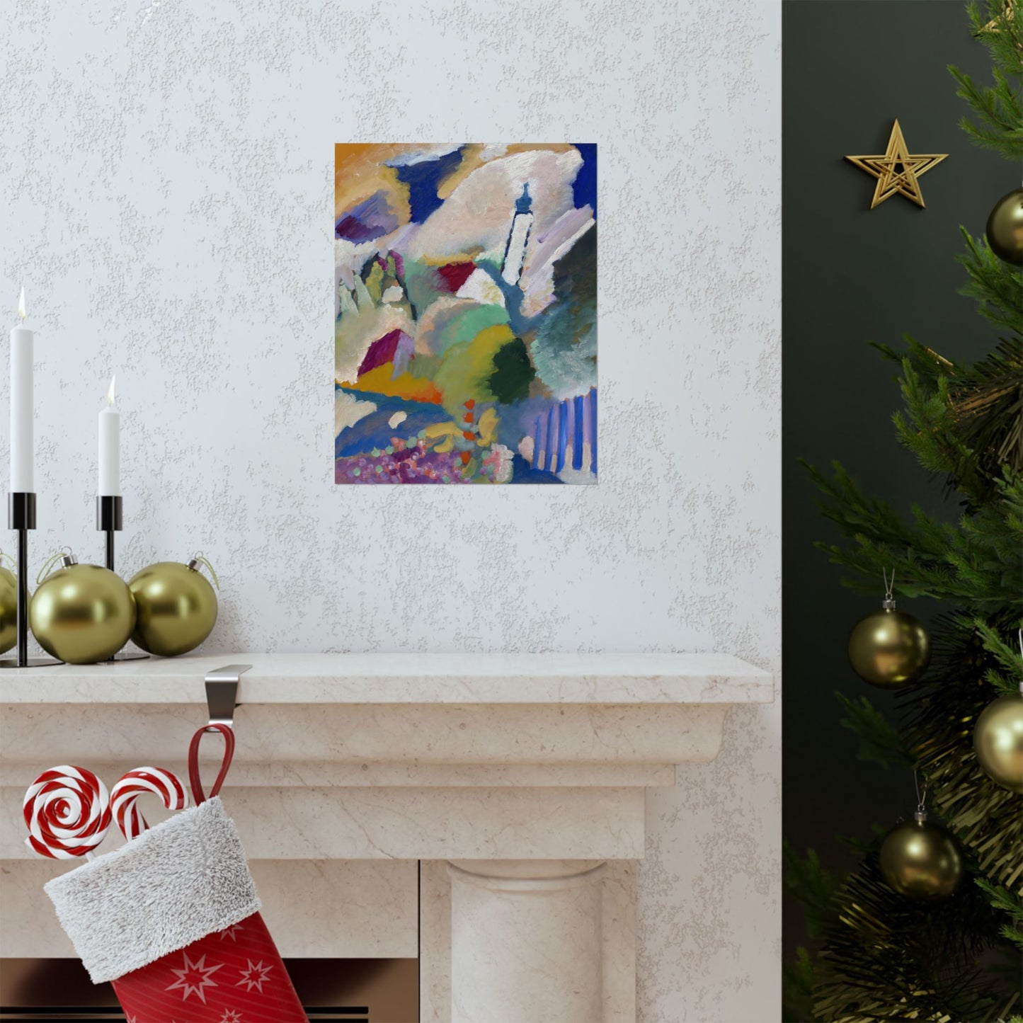 a decorated christmas tree next to a fireplace