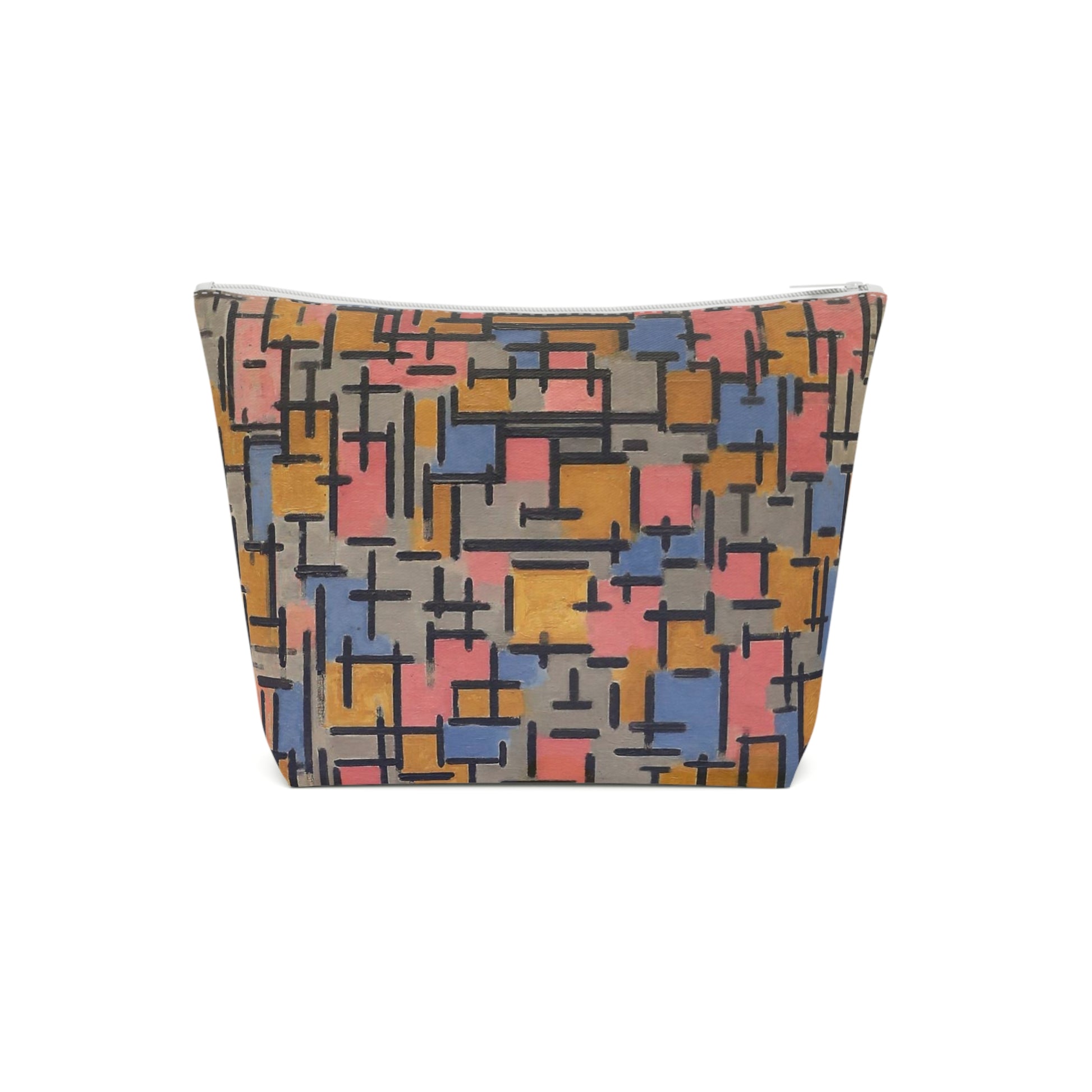 a multicolored cosmetic bag on a white background