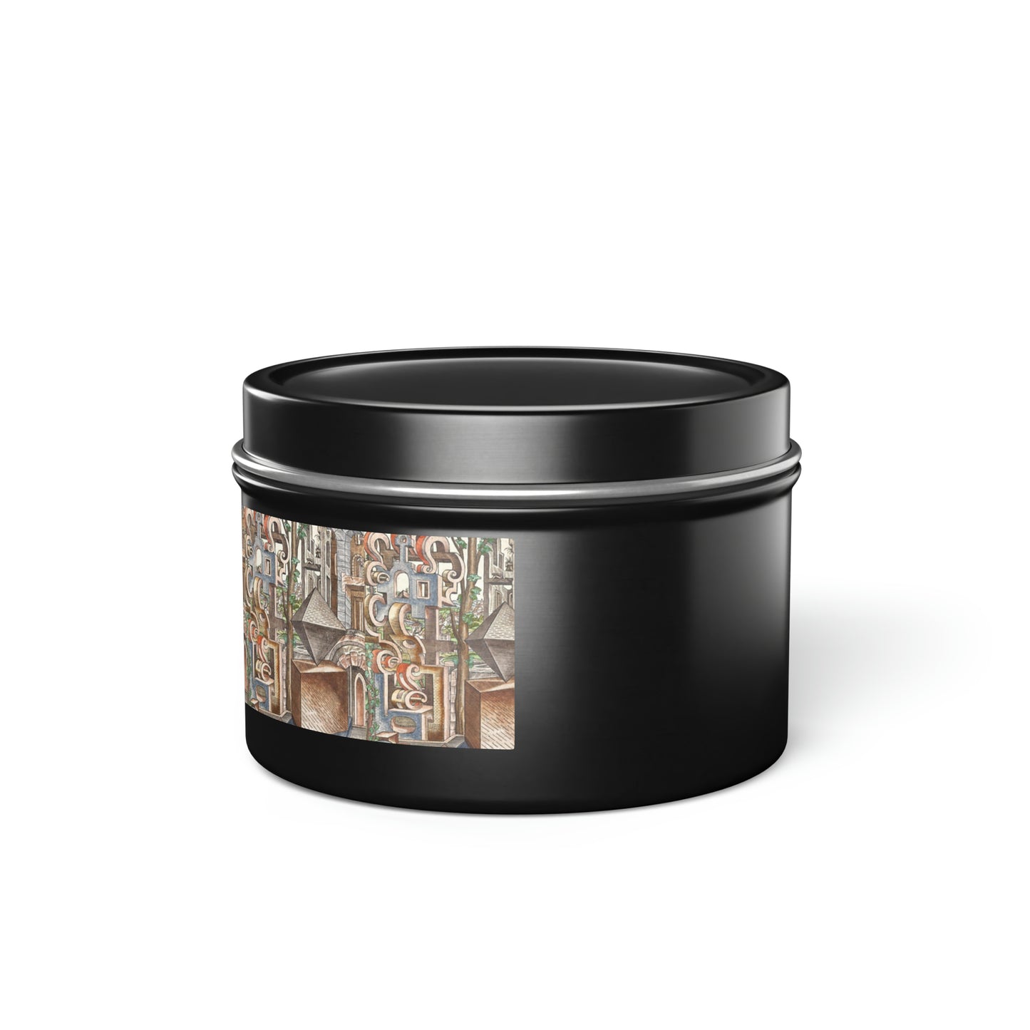 a black container with a painting on it