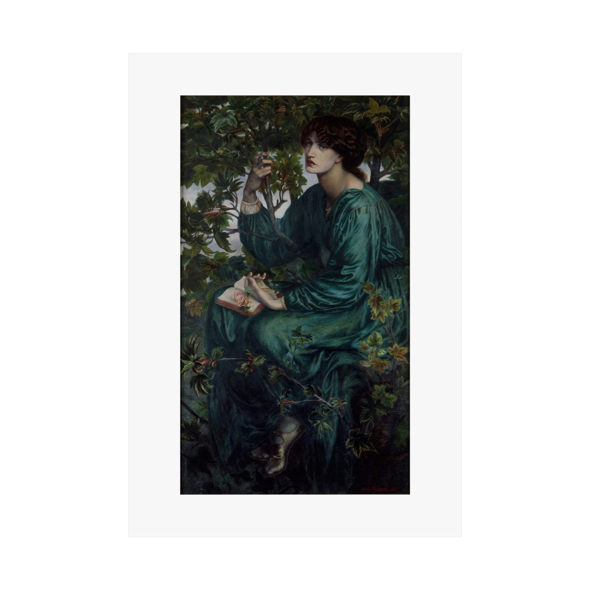 a painting of a woman sitting in a tree