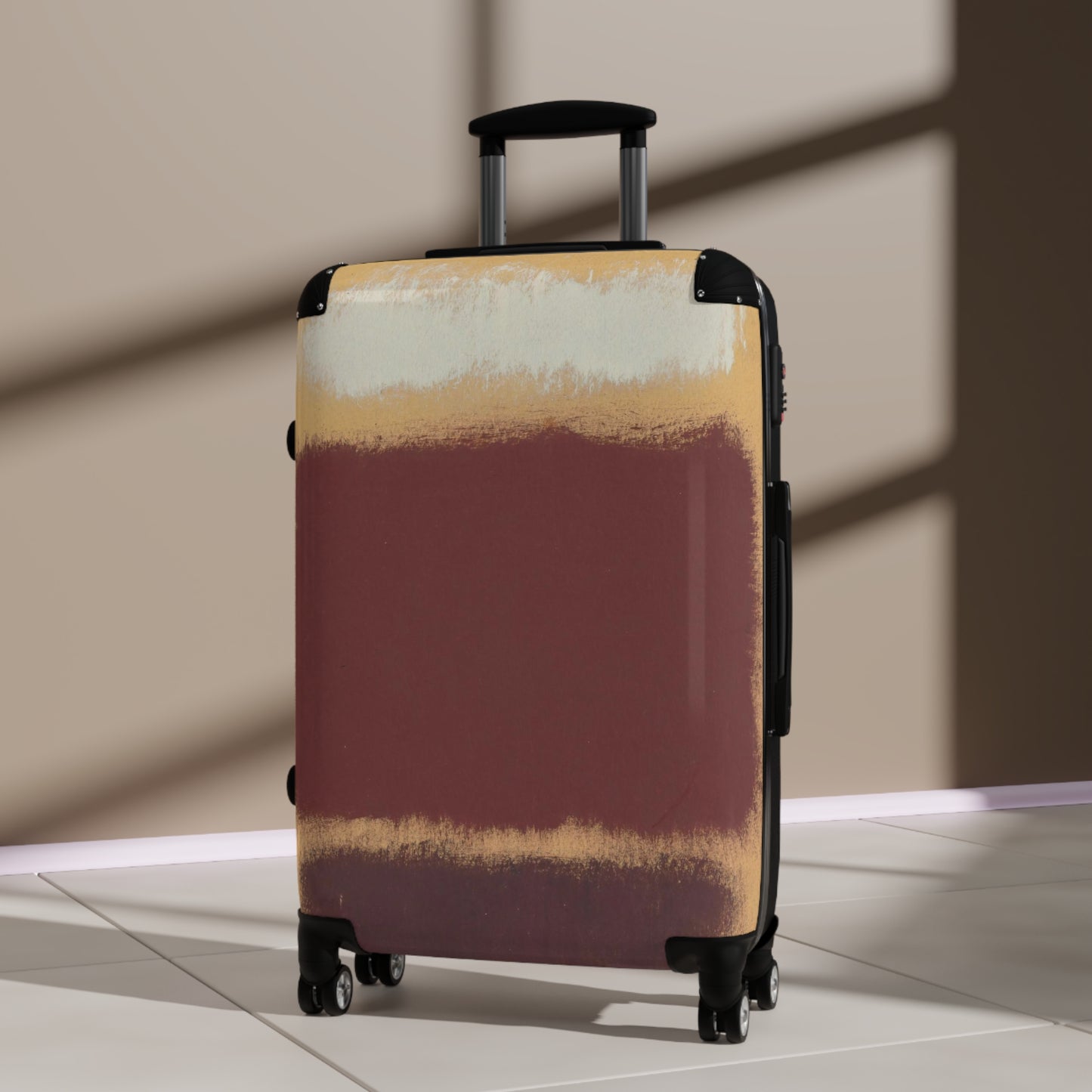 a piece of luggage sitting on top of a tiled floor