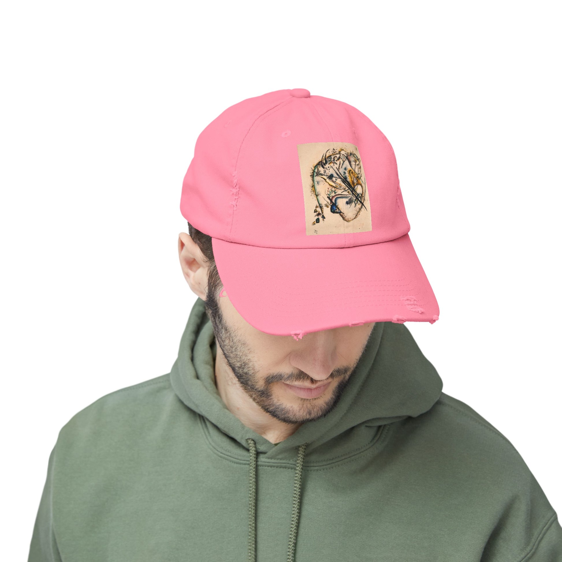 a man wearing a pink hat with a tiger on it