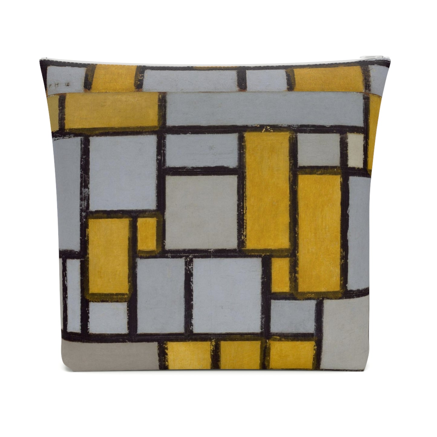 a yellow and grey pillow with squares on it