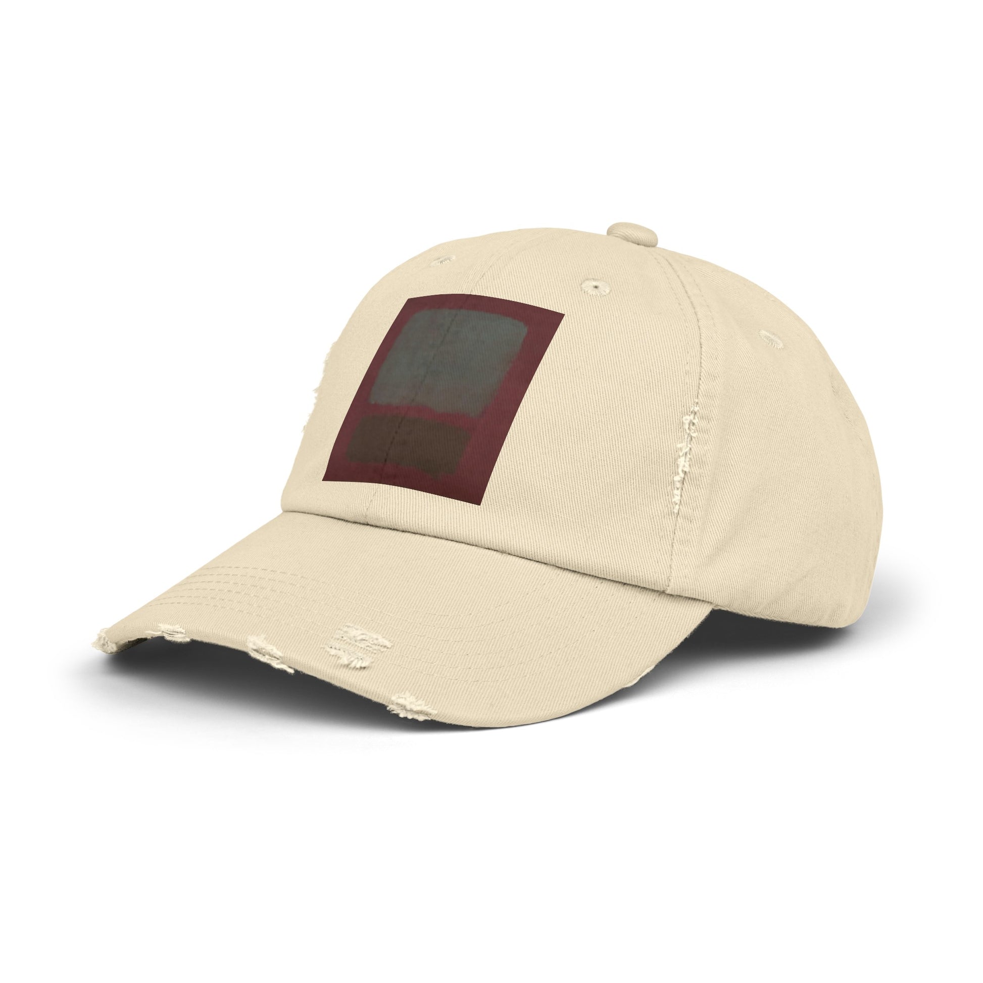 a white hat with a red patch on the front of it