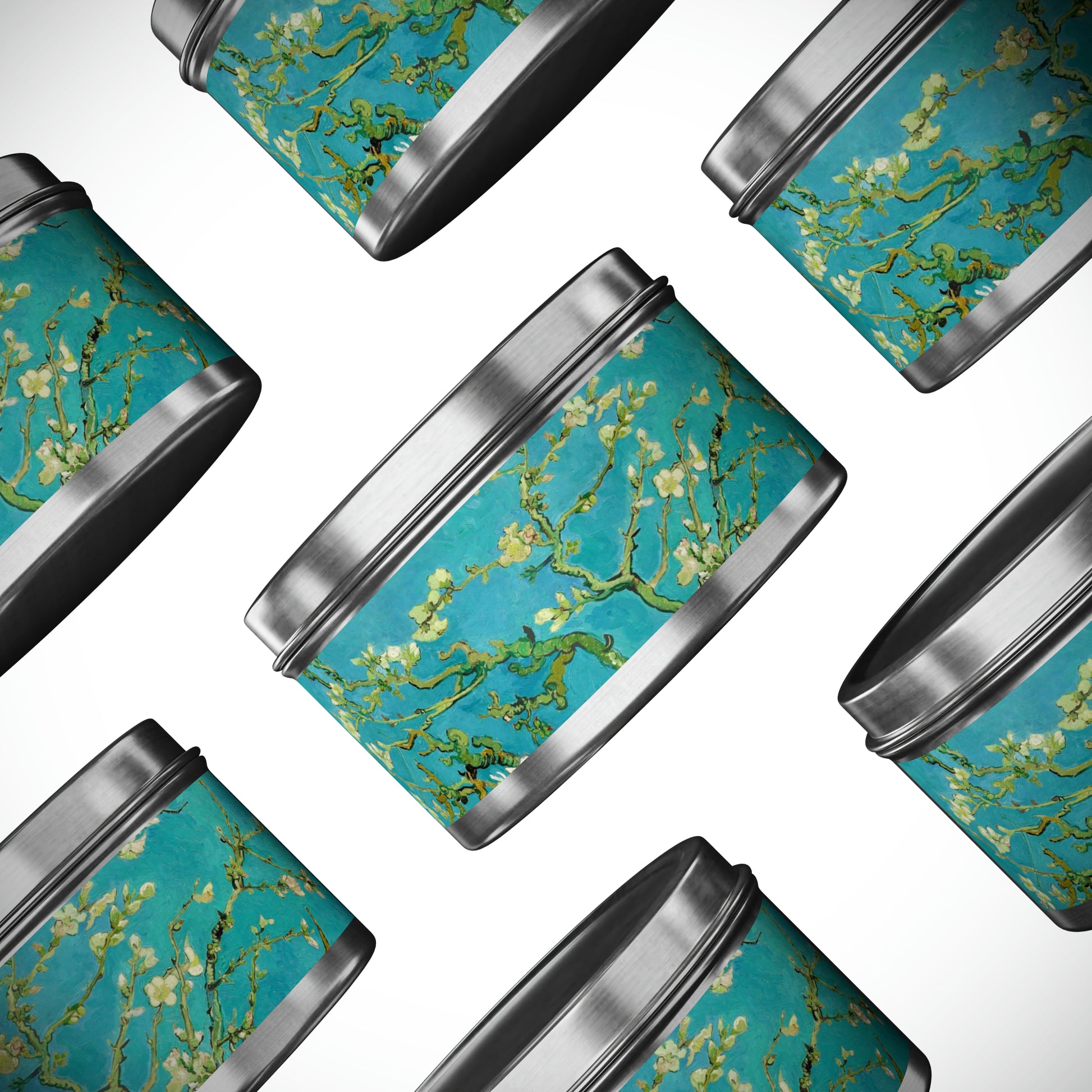 a group of tins with flowers painted on them