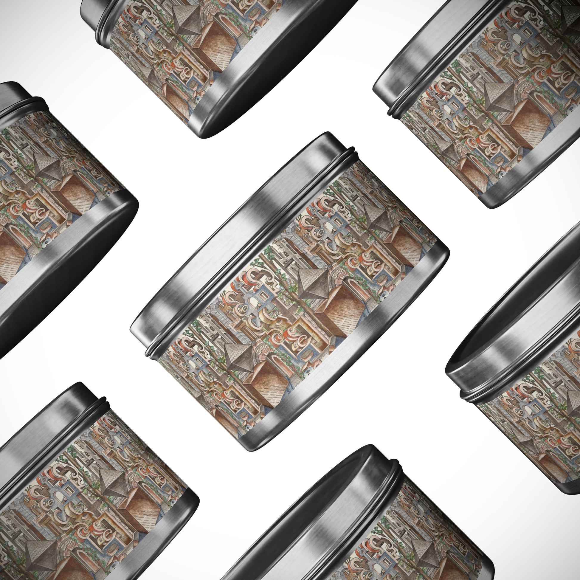 a pattern of tins with a painting on them