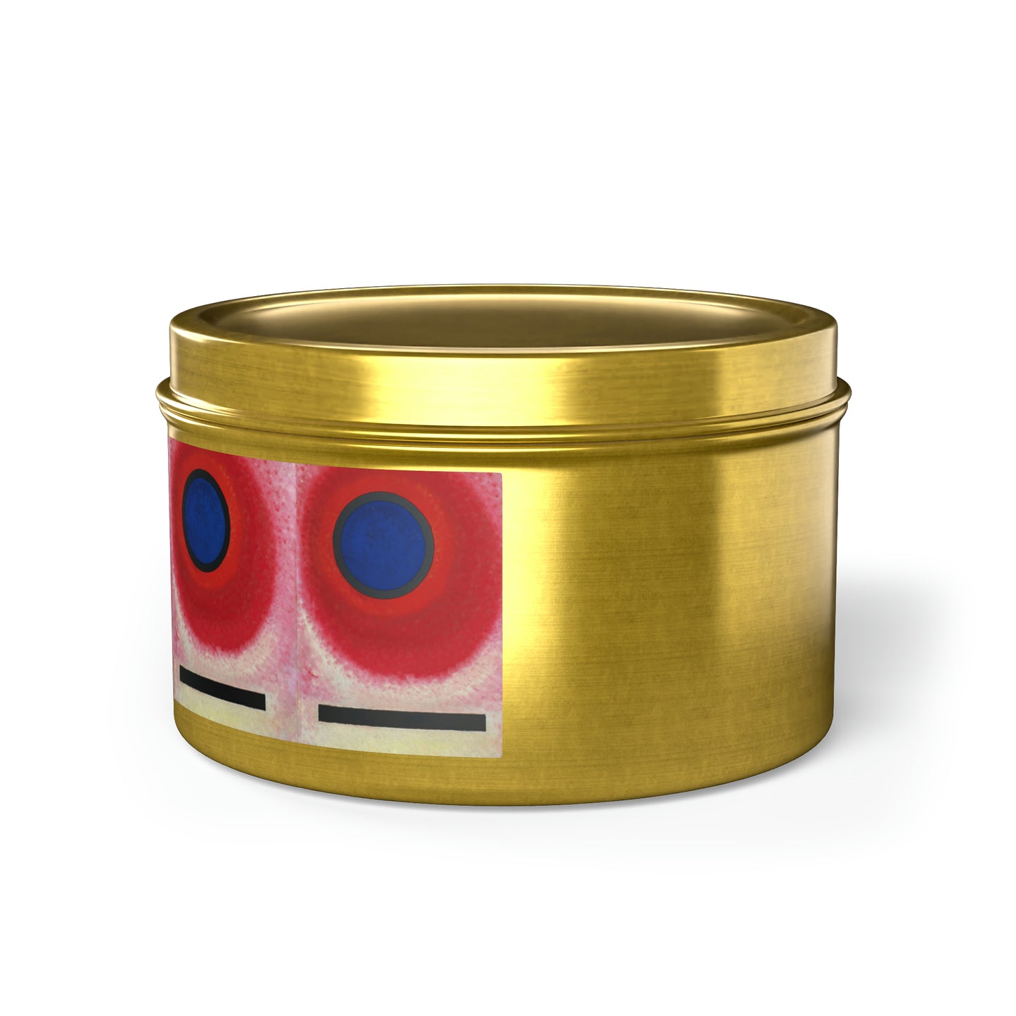 a gold tin with a red and blue design on it