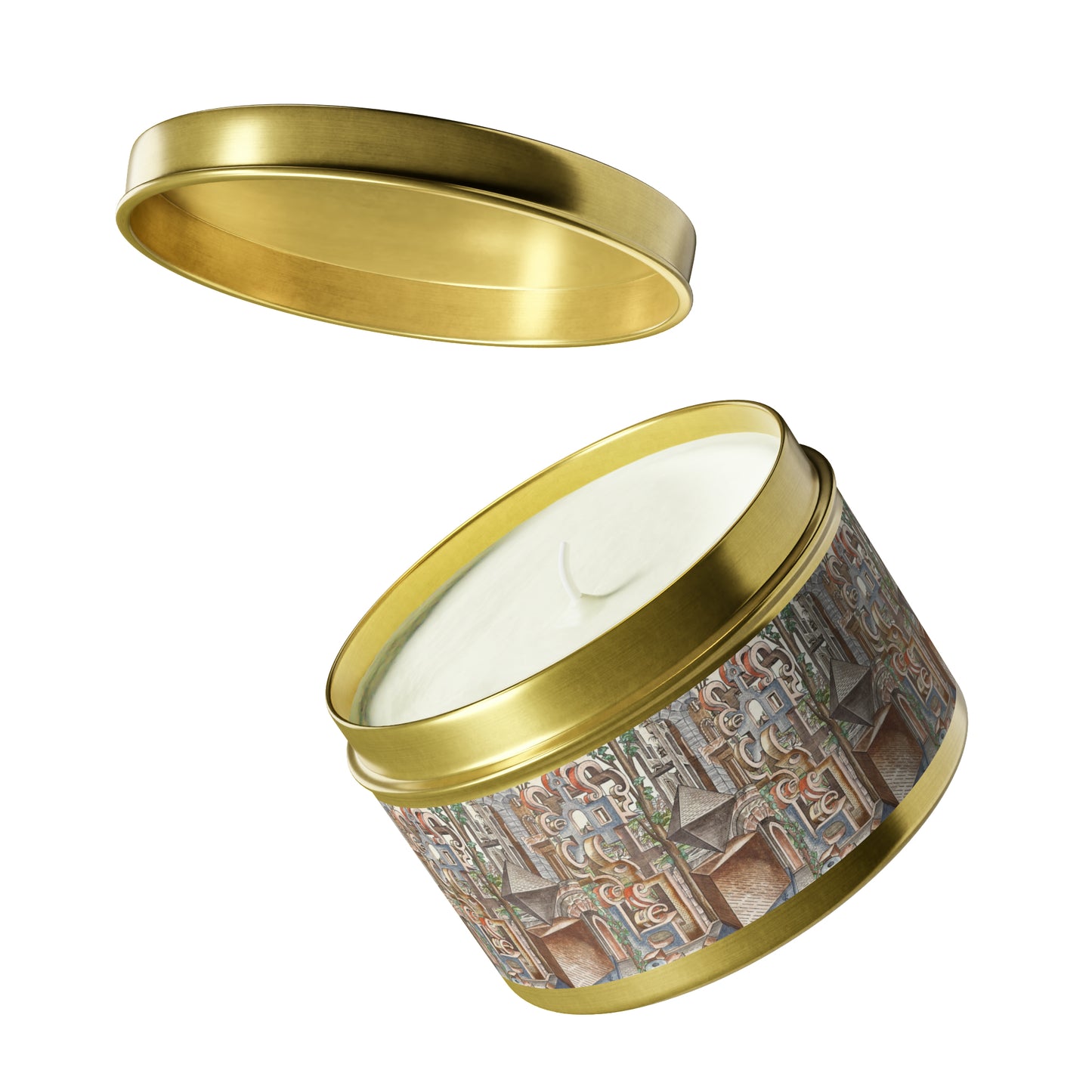 a candle that is inside of a tin