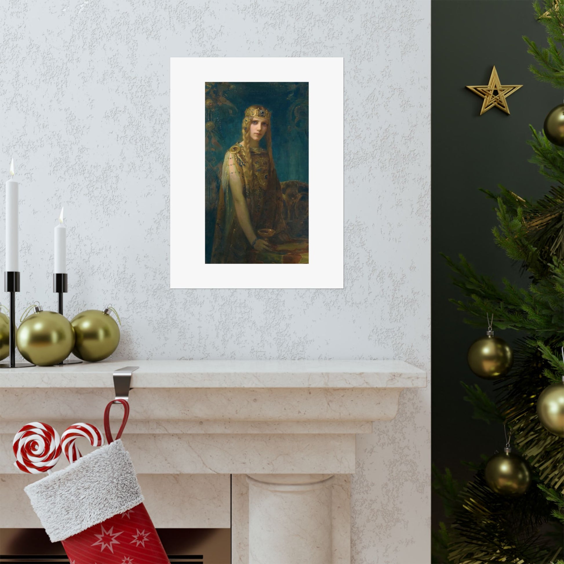 a christmas stocking with a picture of a woman on it next to a fireplace