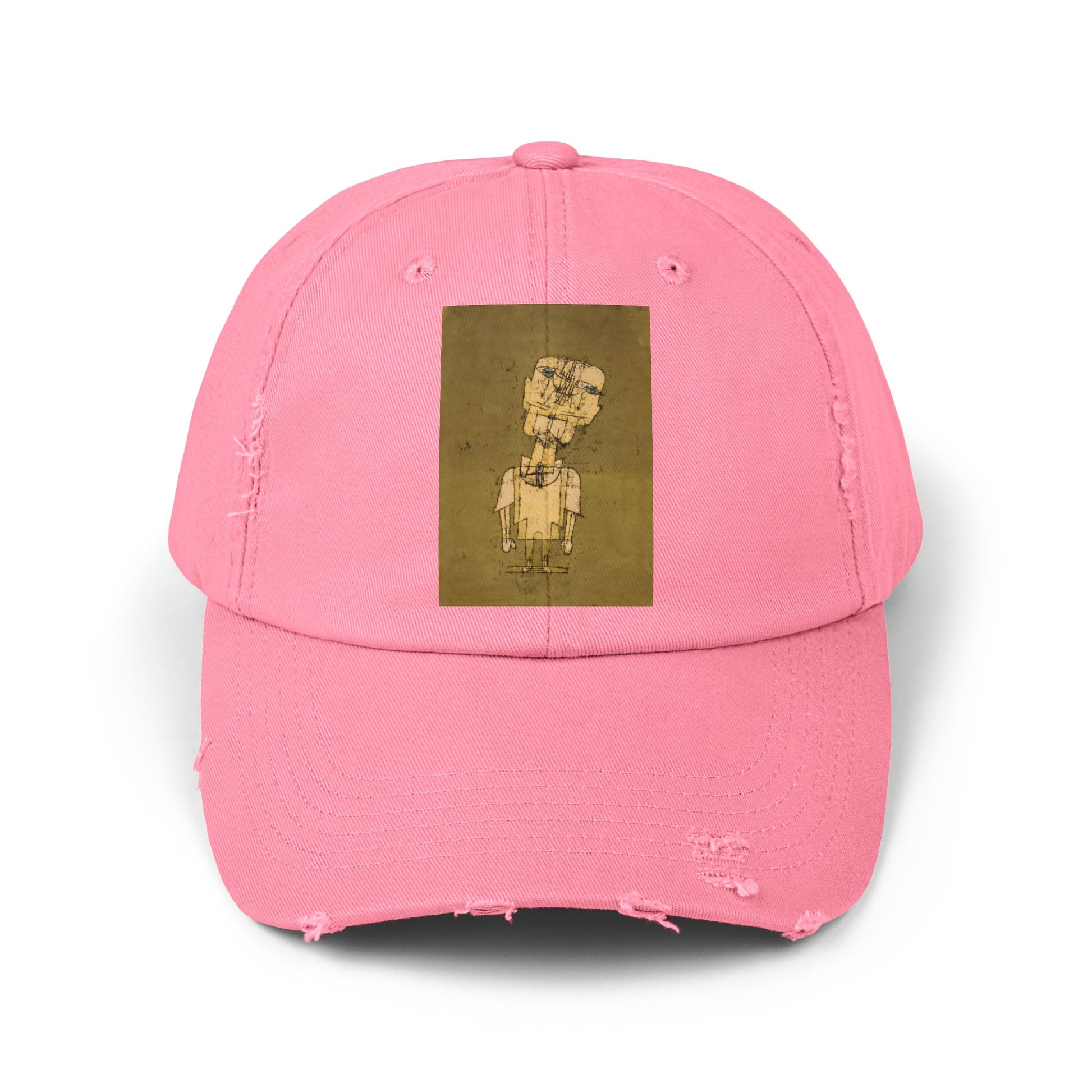 a pink baseball cap with a picture of a man on it