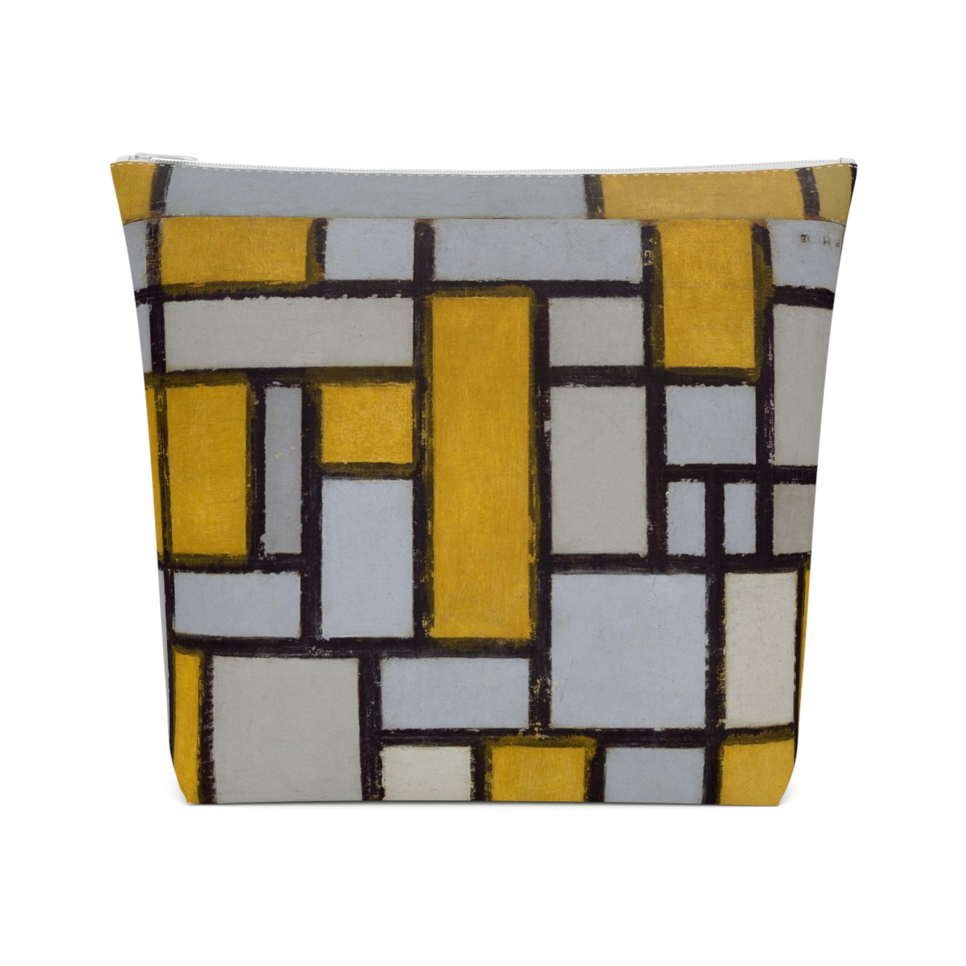 a yellow and white bag with a pattern on it