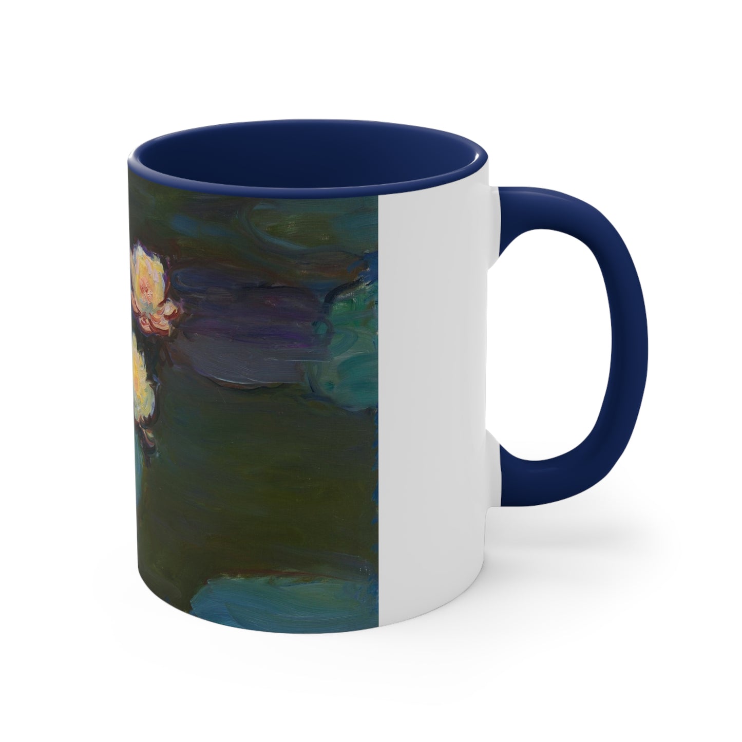 a blue and white coffee mug with a painting of a flower